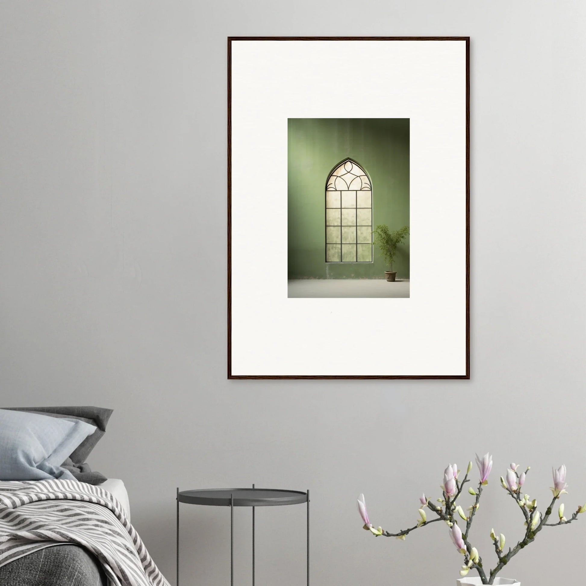 Gothic arched window in misty green, perfect for Green Crescent premium framed wall art