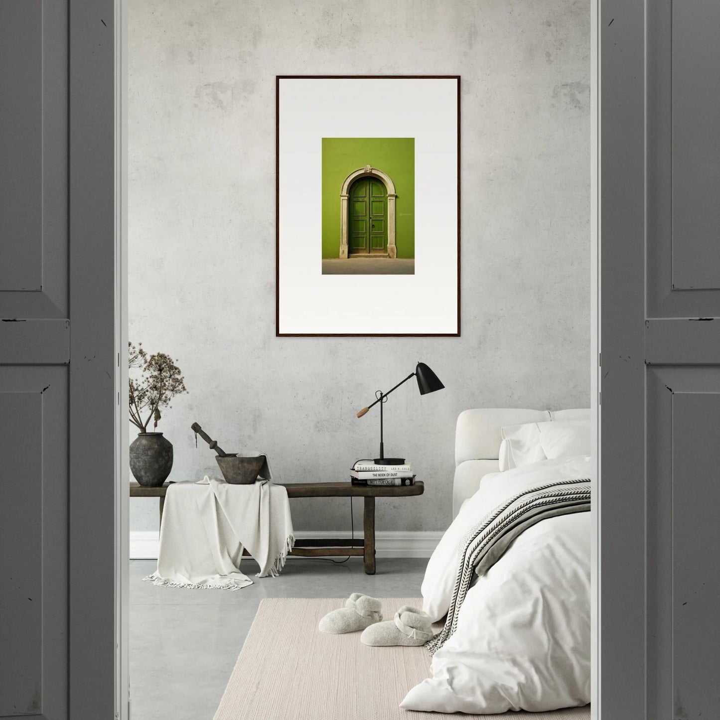 Framed green door photo on gray wall from Vert Barcode Reverie special edition art™