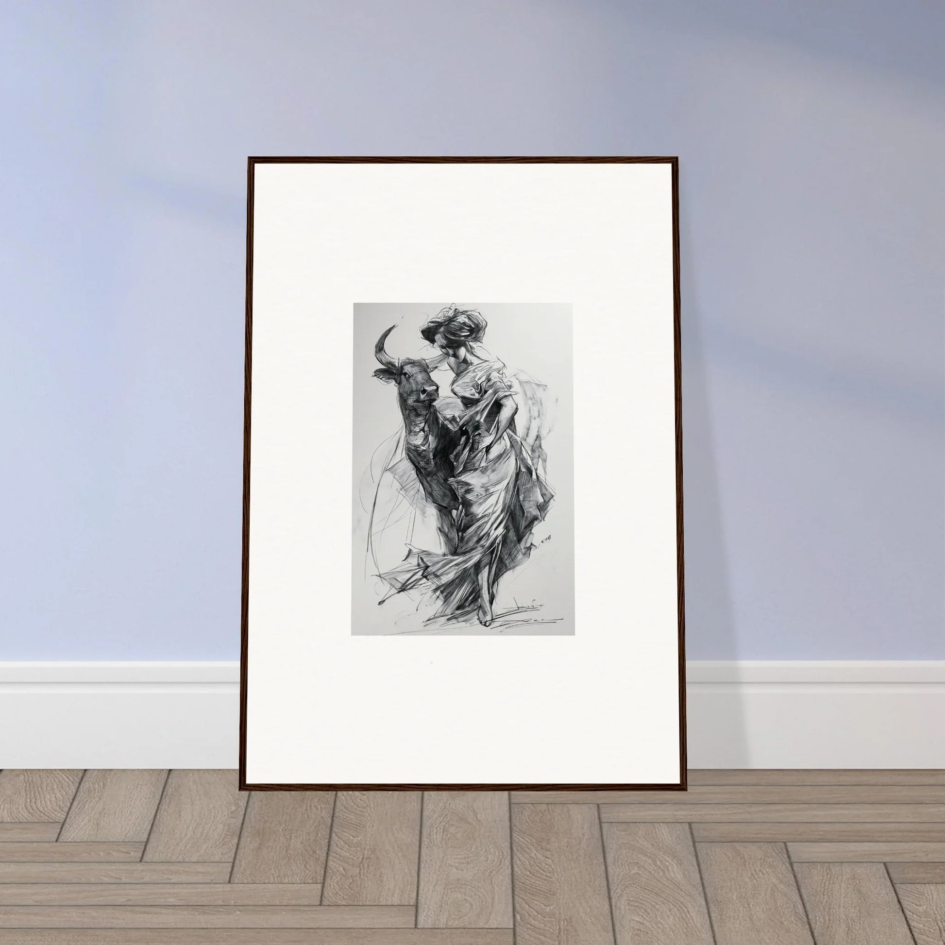 Framed black and white sketch of a dynamic figure from Sylvan Euphoria Lumia art™