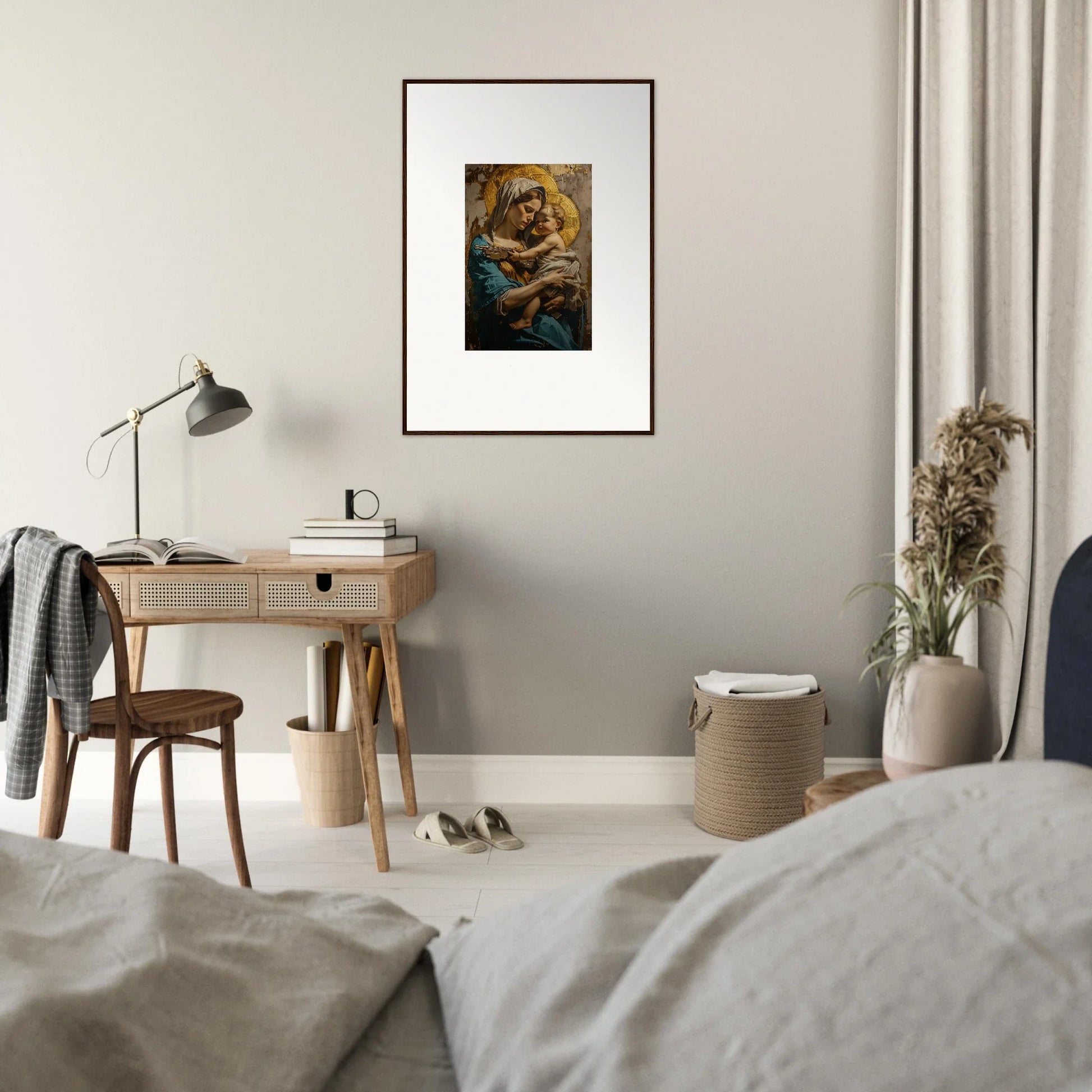 Framed wall art of a golden figure in swirling patterns for unique room decoration