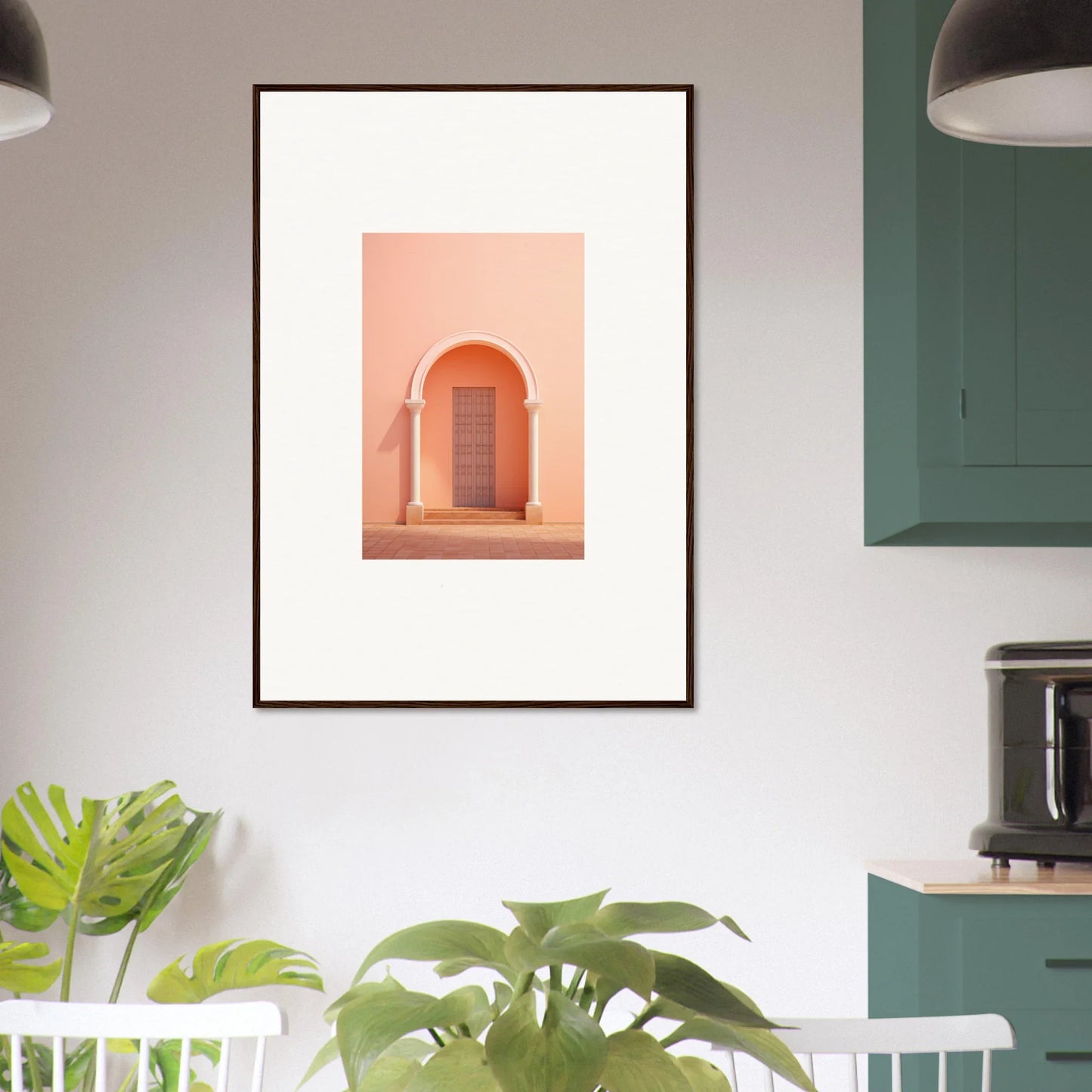 Framed art print of a peachy-pink archway with wooden door from Psychedelic Arches Discussionale