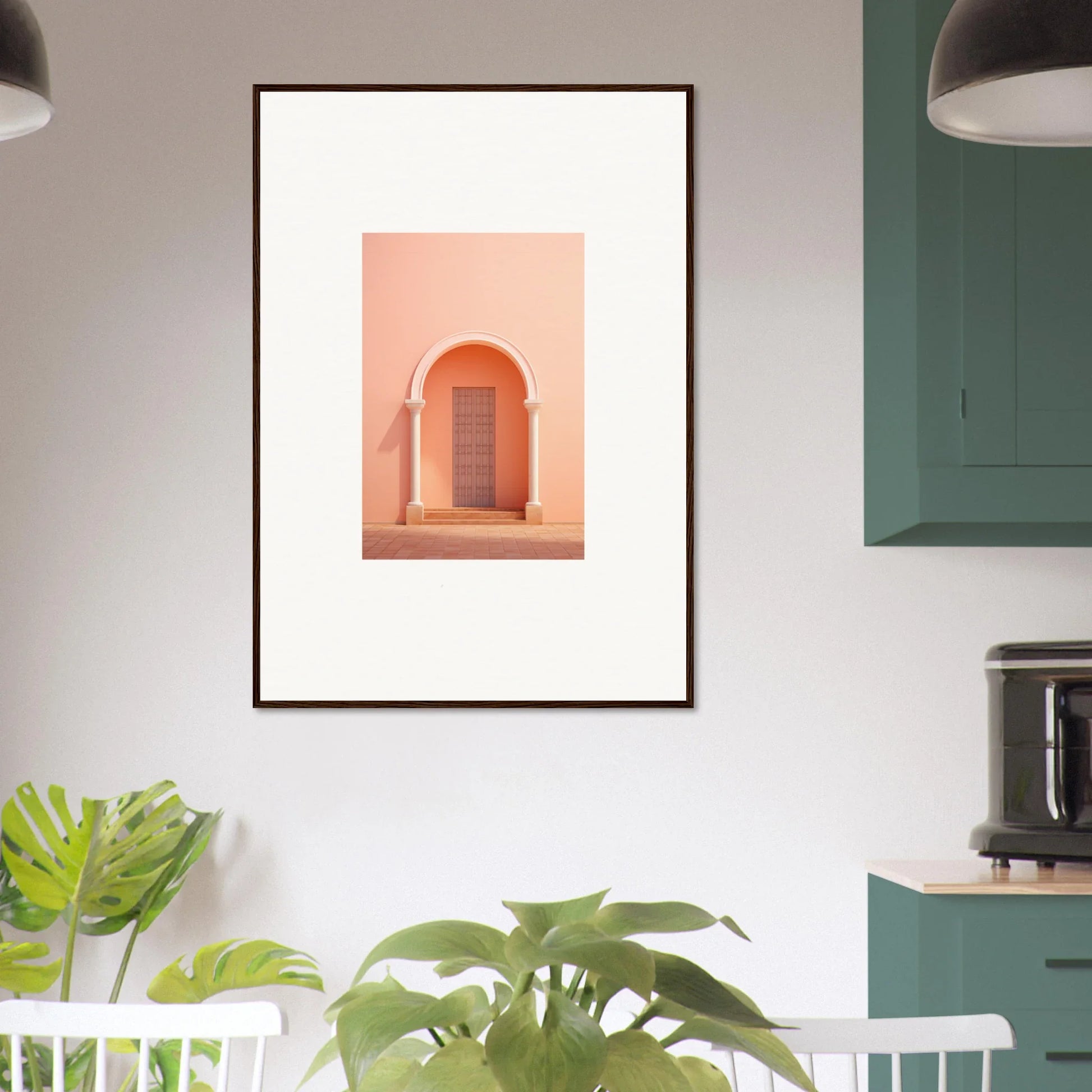 Framed art print of a peachy-pink archway with wooden door from Psychedelic Arches Discussionale