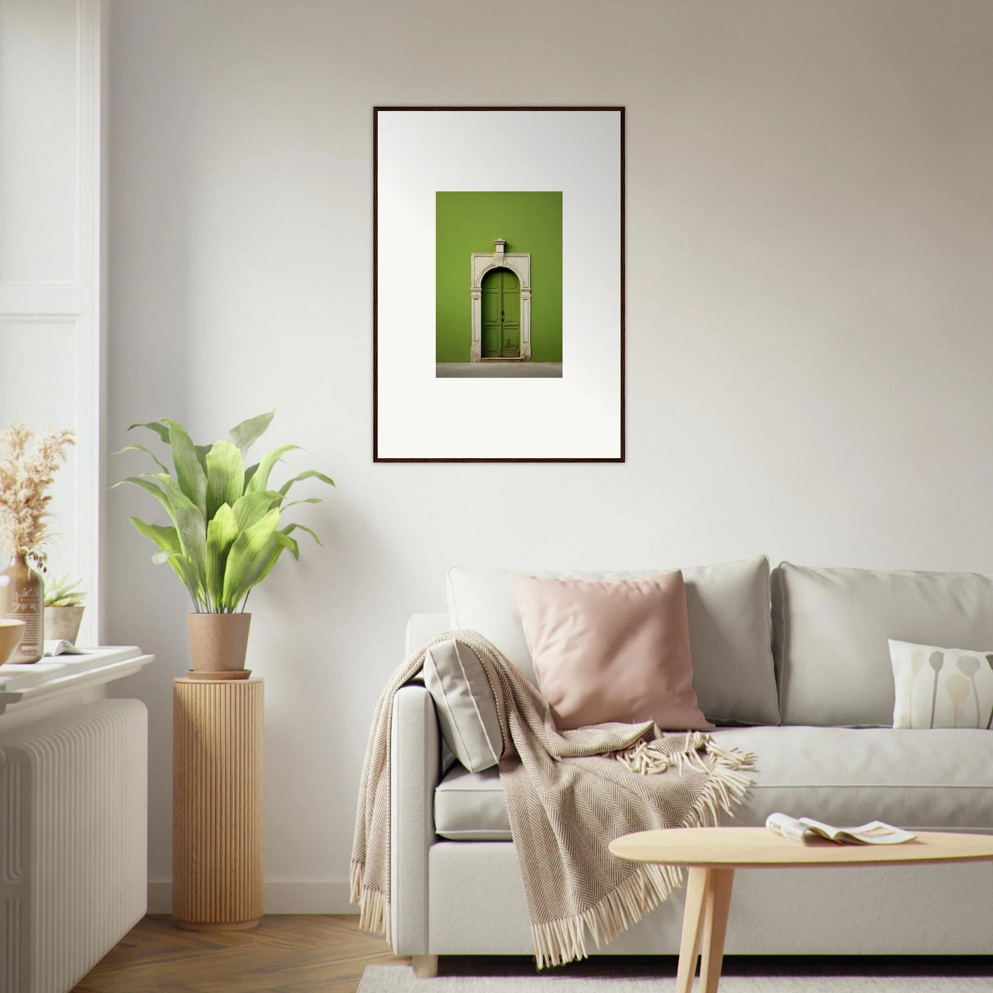 Framed photograph of a green door on a white wall from Green Origins special edition art™