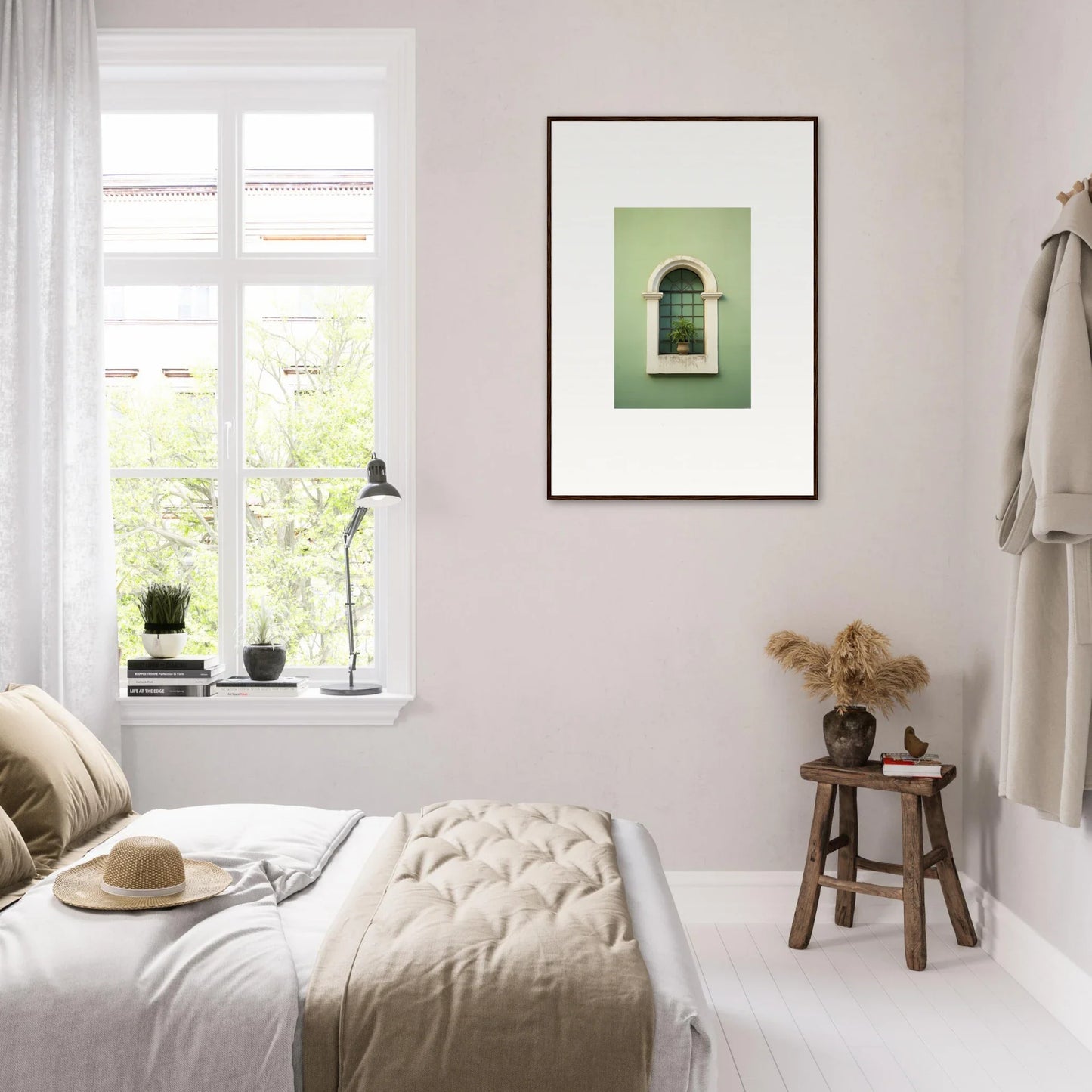 Minimalist bedroom with neutral beige and white featuring Eggshell PandæmonIA Bliss art