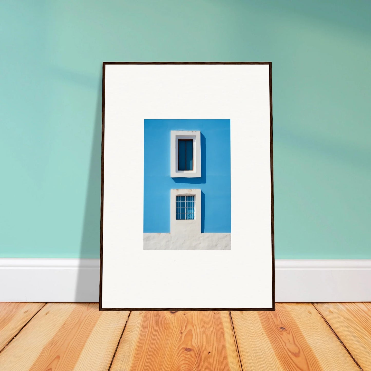 Framed wall art of a white window and door on a blue wall from Isles Encompassed Vista