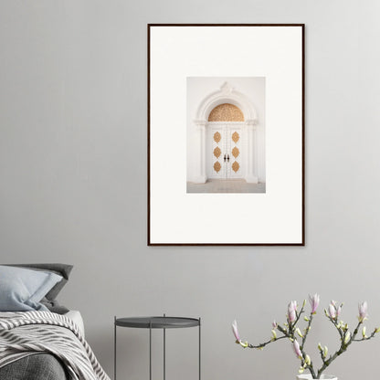 Framed wall art of a white arched doorway with gold details in Gilded Mirage Passage