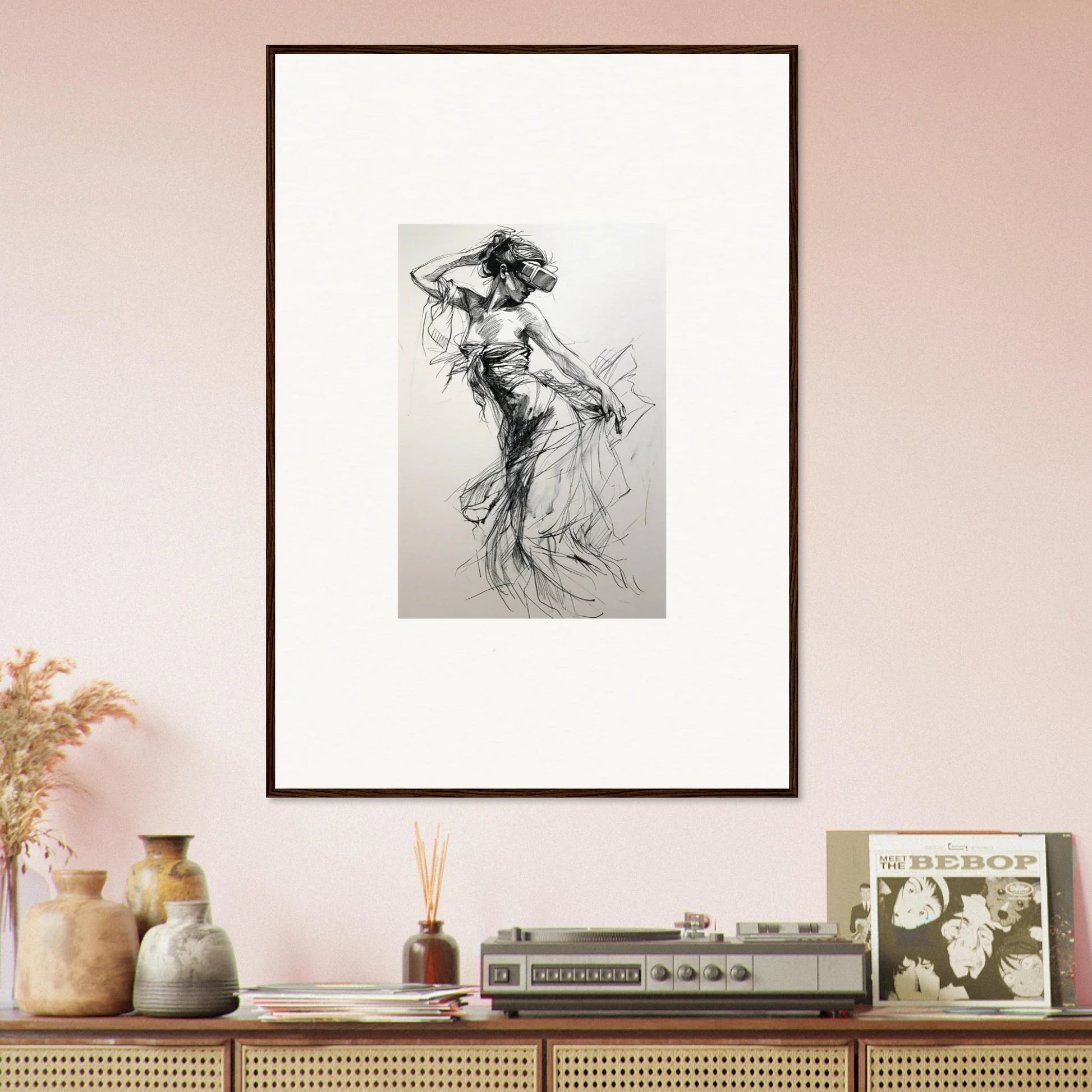 Framed black and white sketch of a dancing figure from Virtual Grace Sketch special edition art™