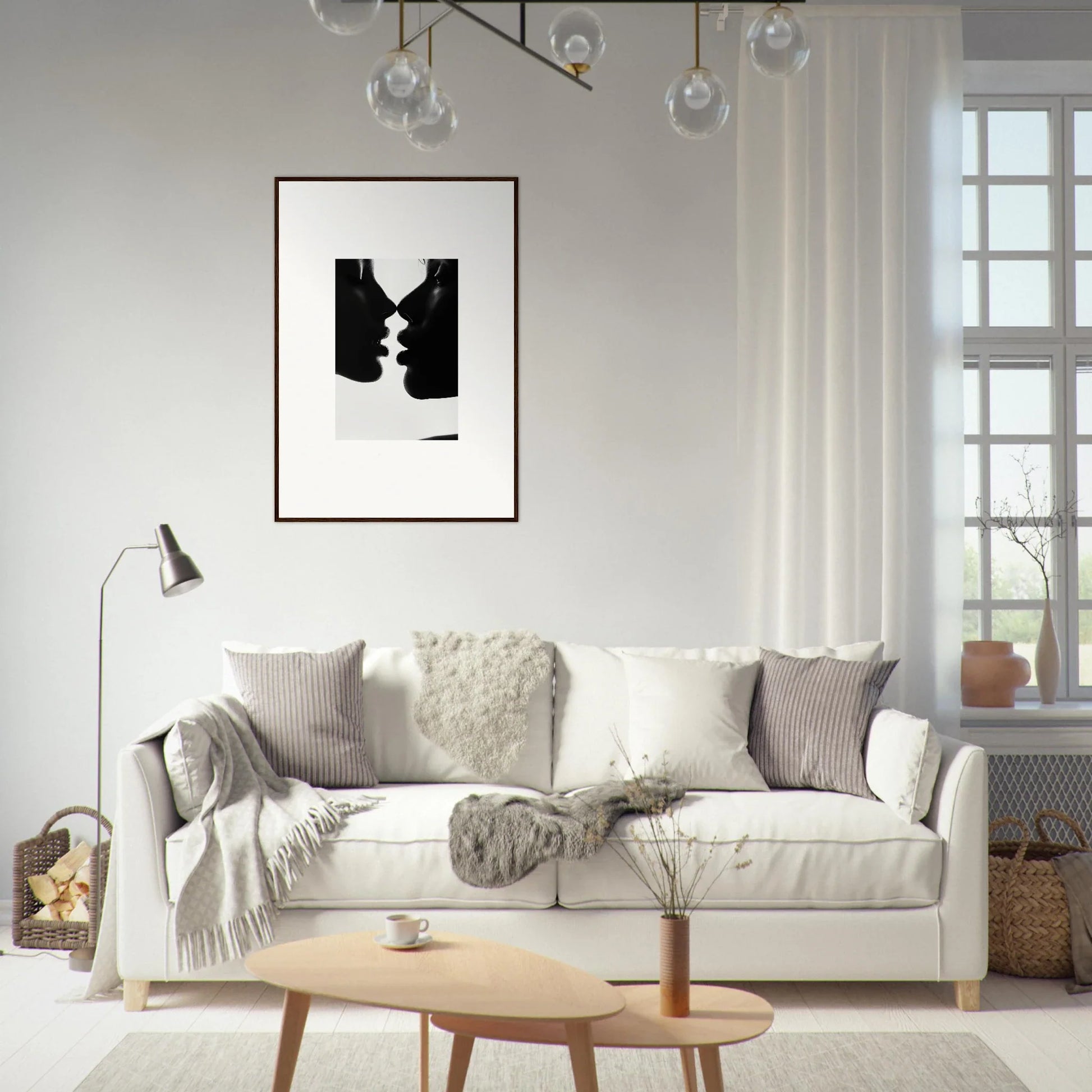 Cozy White sofa with gray and cream pillows perfect for Nights Echoes special edition art