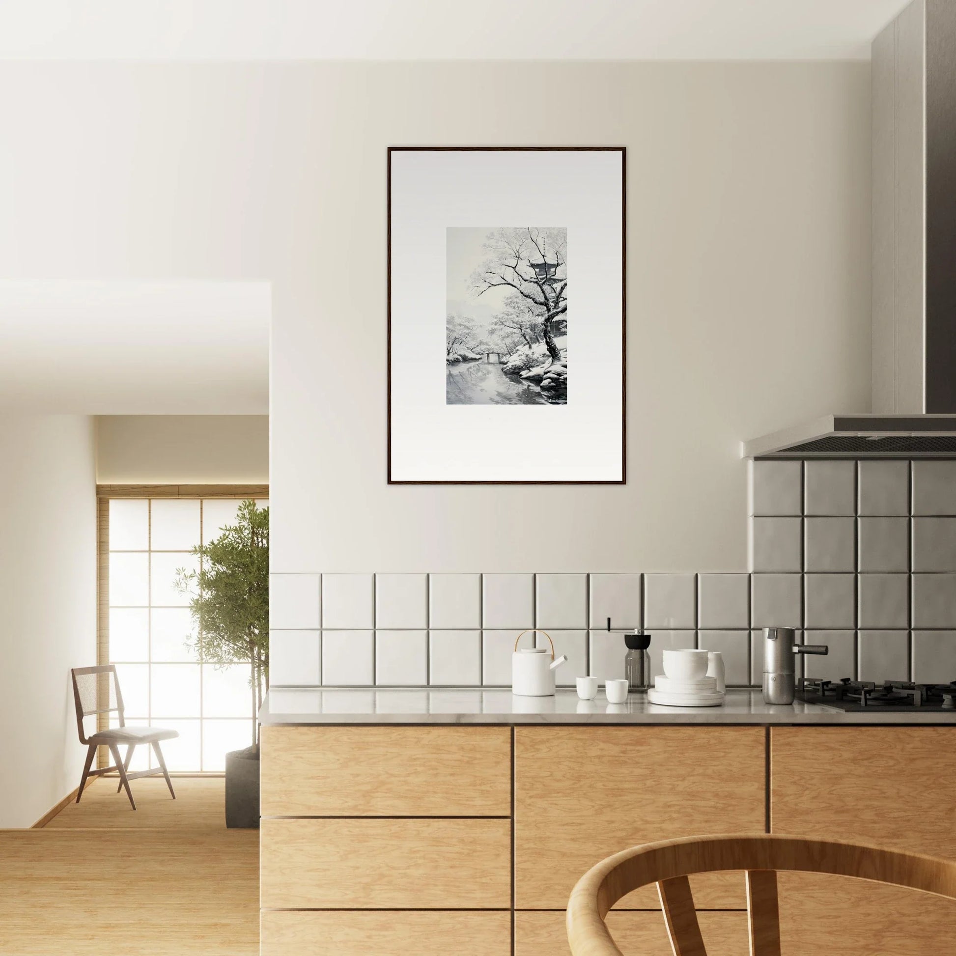 Modern kitchen with light wood cabinets and white tile backsplash featuring Chilled Lunar Embrace