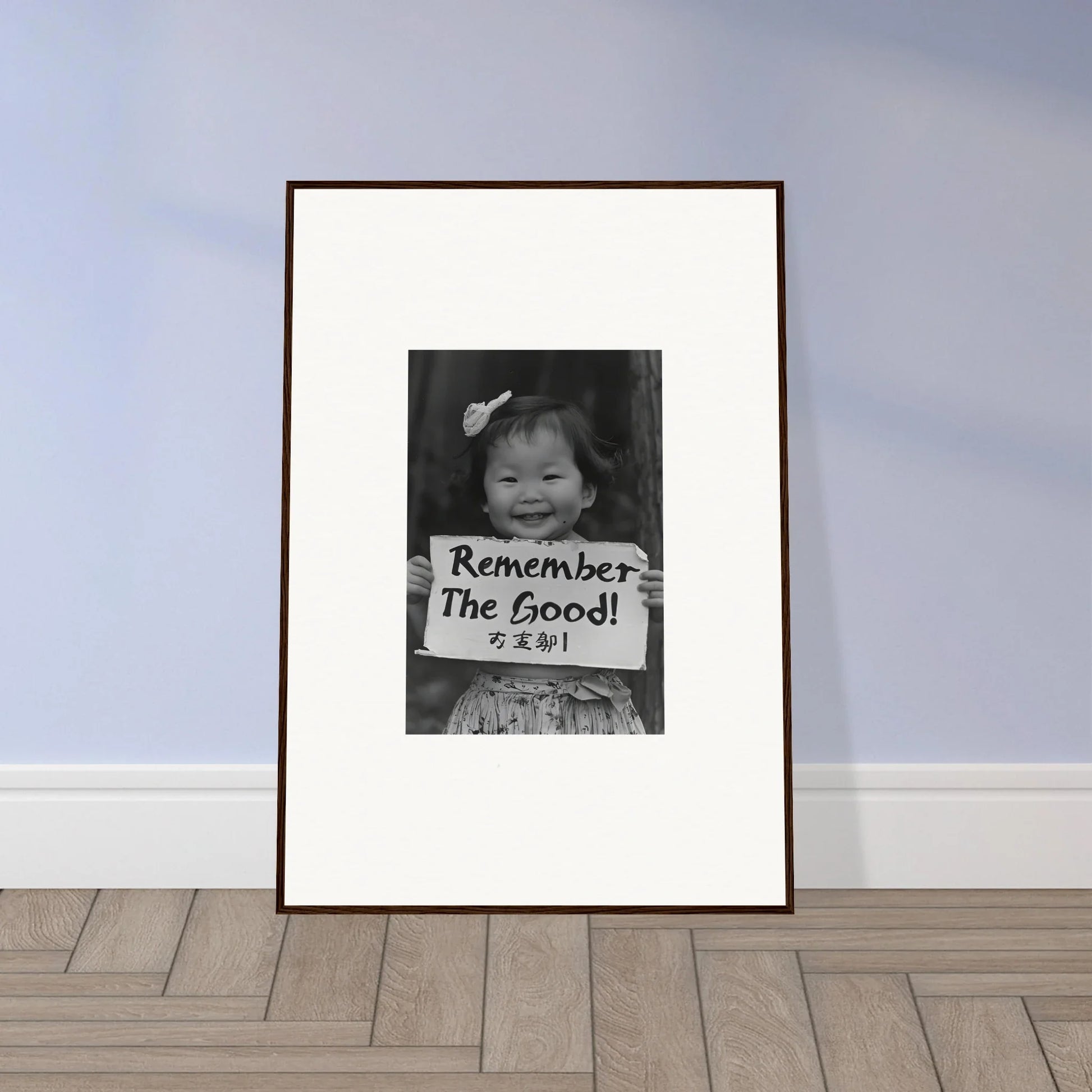 Framed black and white photo with Remember The Good in Innocent Memory Echoes art