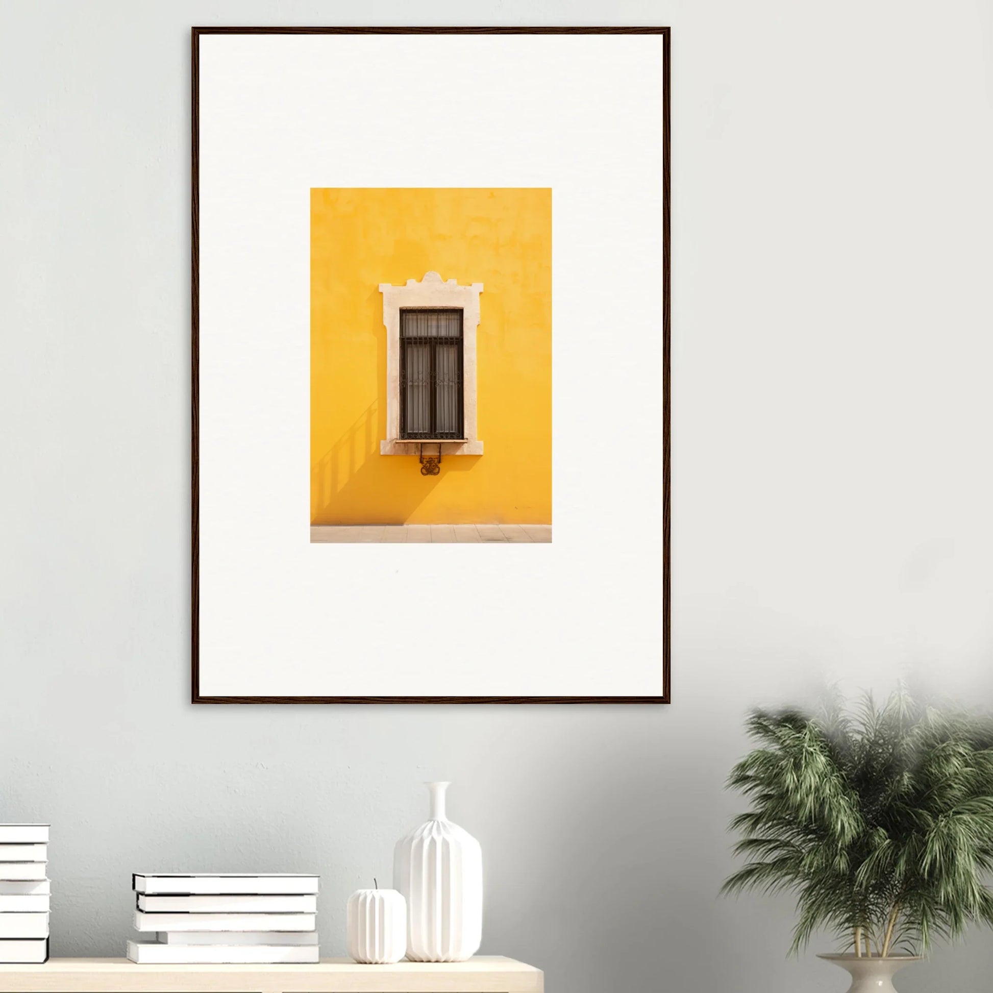 Framed photograph of a vibrant window on a yellow wall from Window’s Giallo Reverie