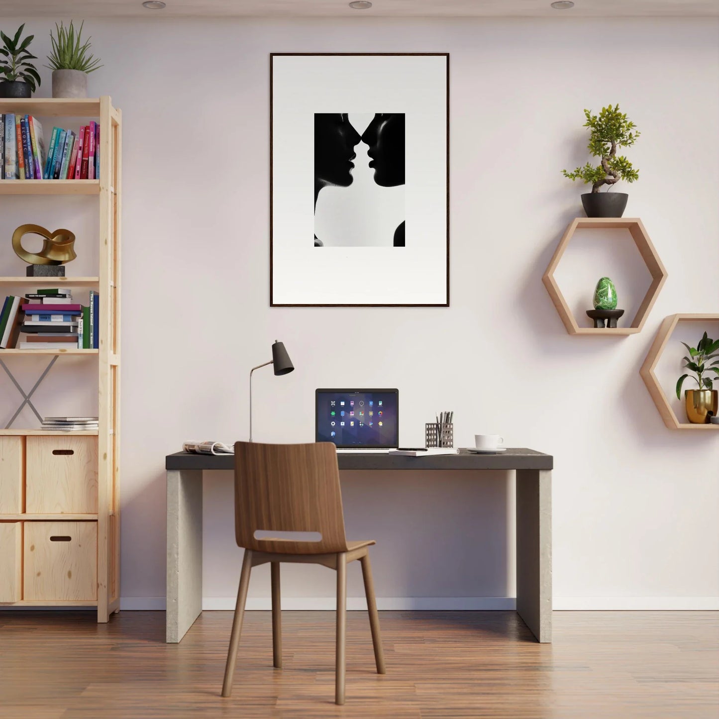 Modern home office with Shadowed Sédual Symphony desk and wooden chair, perfect for style