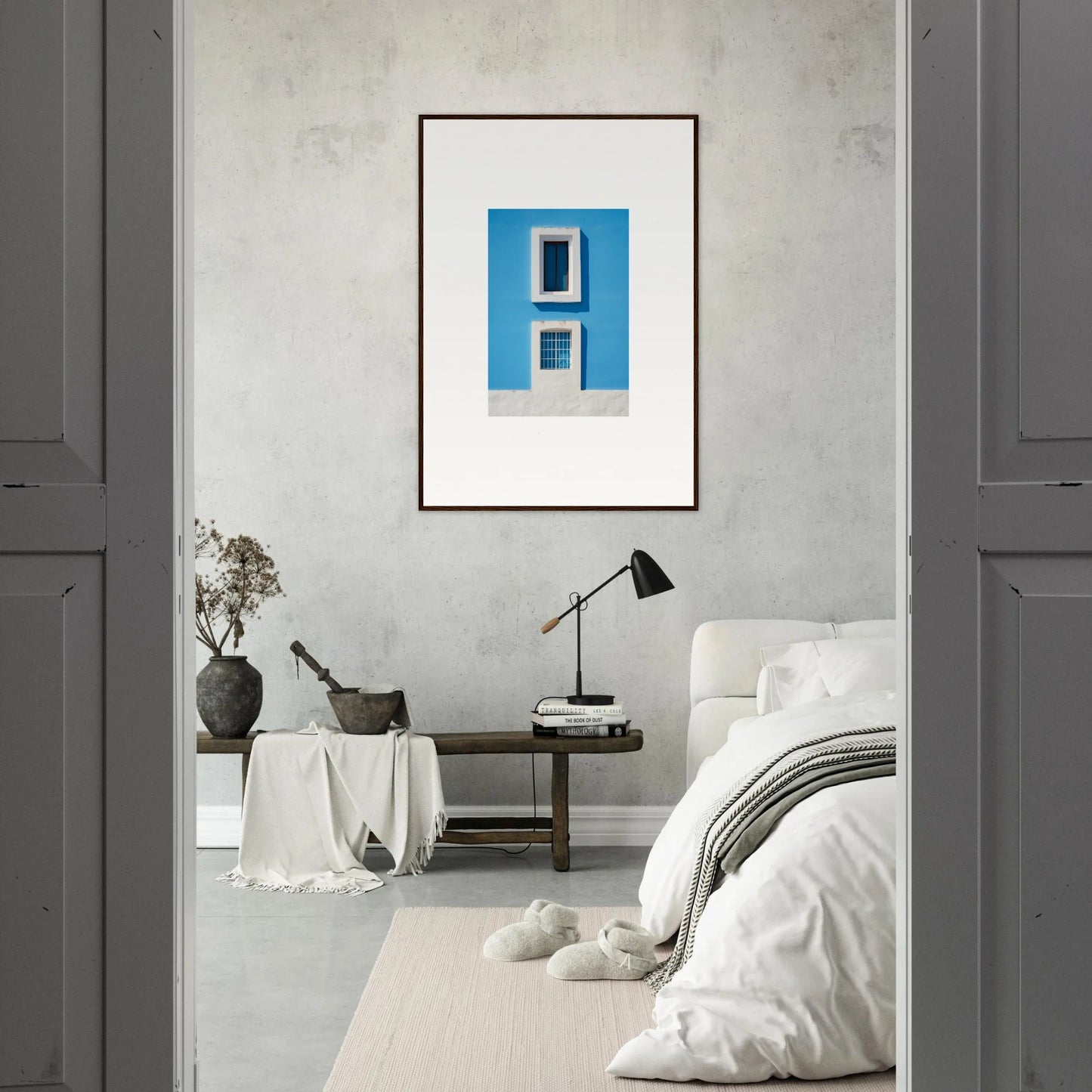 Framed wall art of two white windows on a blue wall from Isles Encompassed Vista