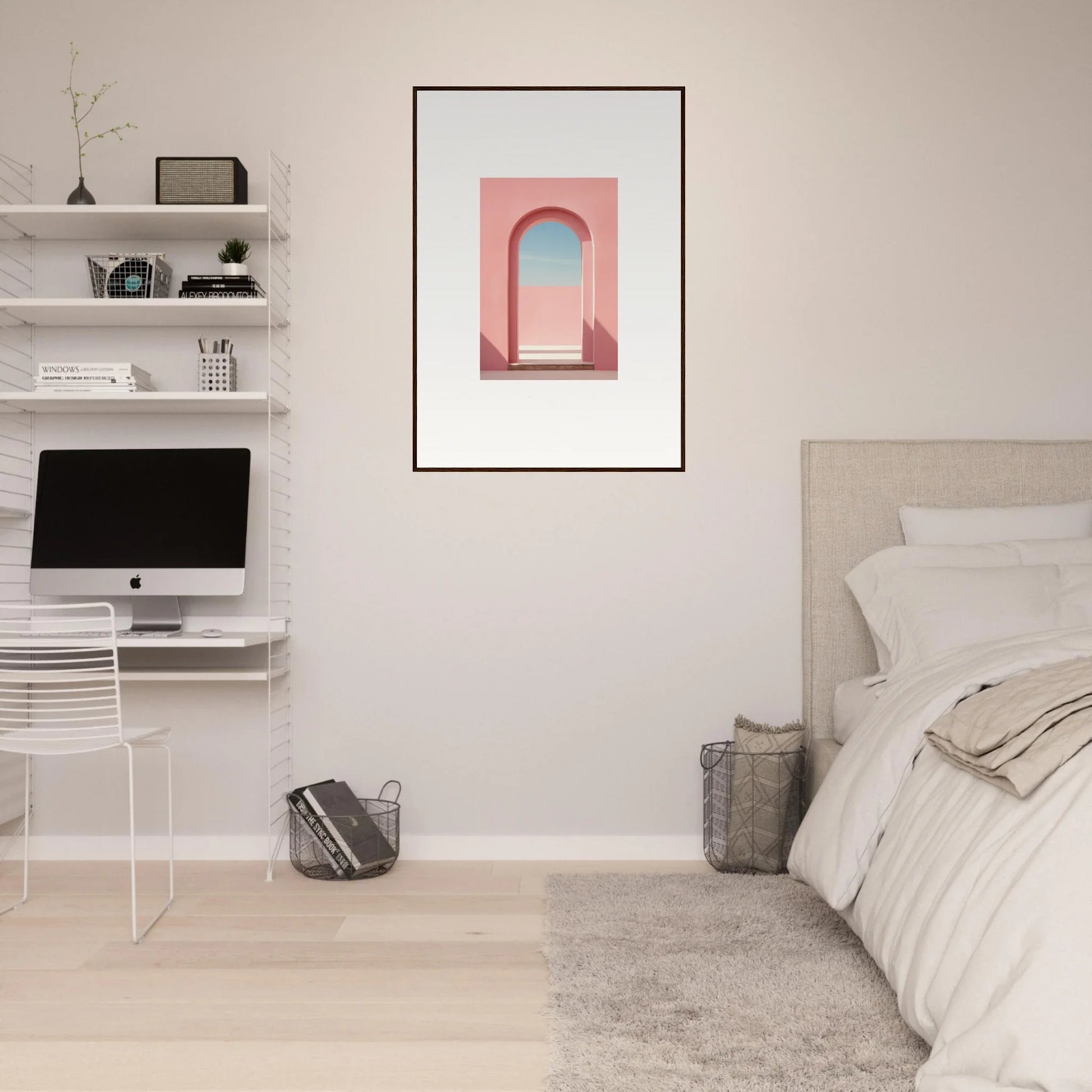 Minimalist bedroom with floating shelves, iMac workstation, and Horizons Framed Wall art