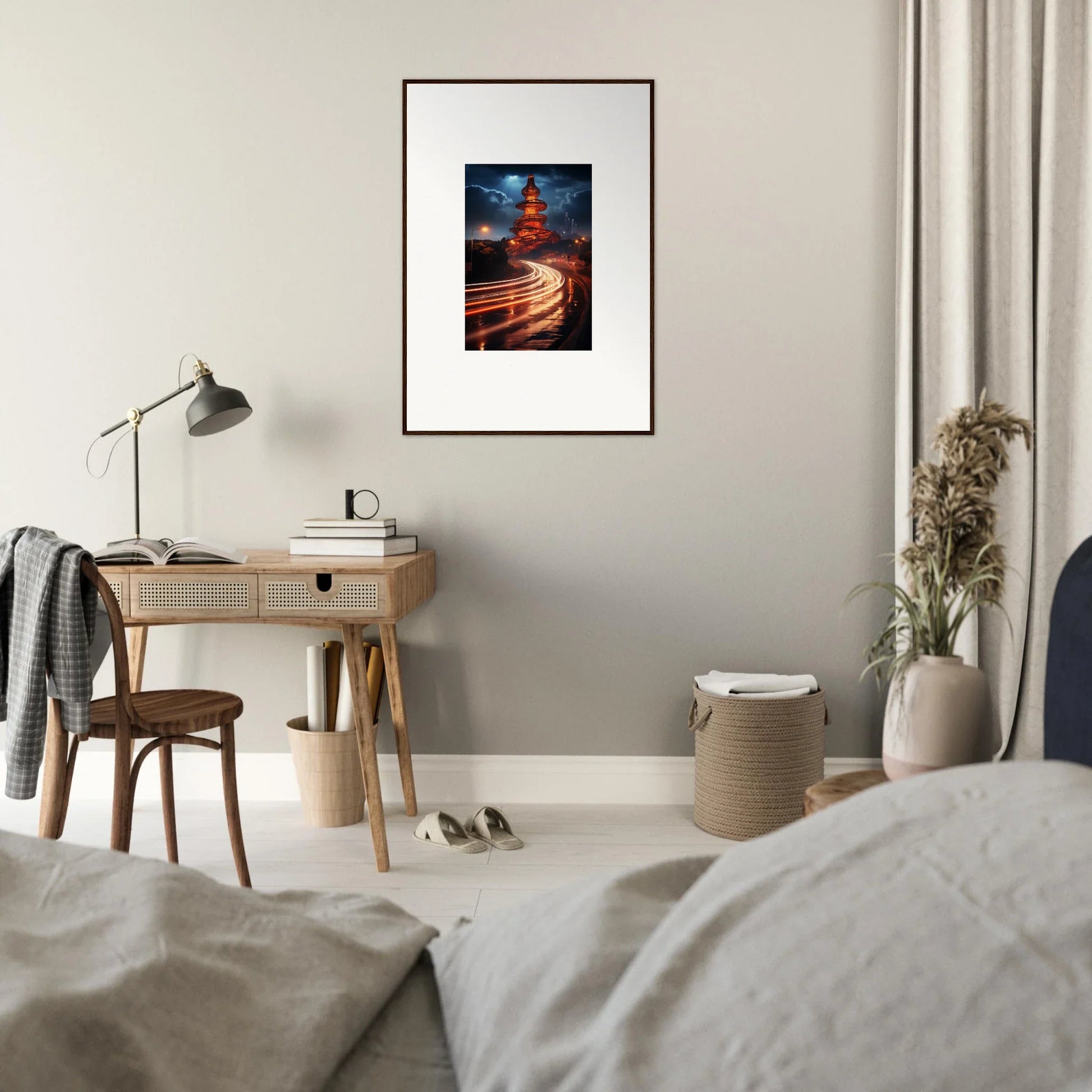 Framed photograph of a red lighthouse at night for Hyperloop Dreams Extravaganza