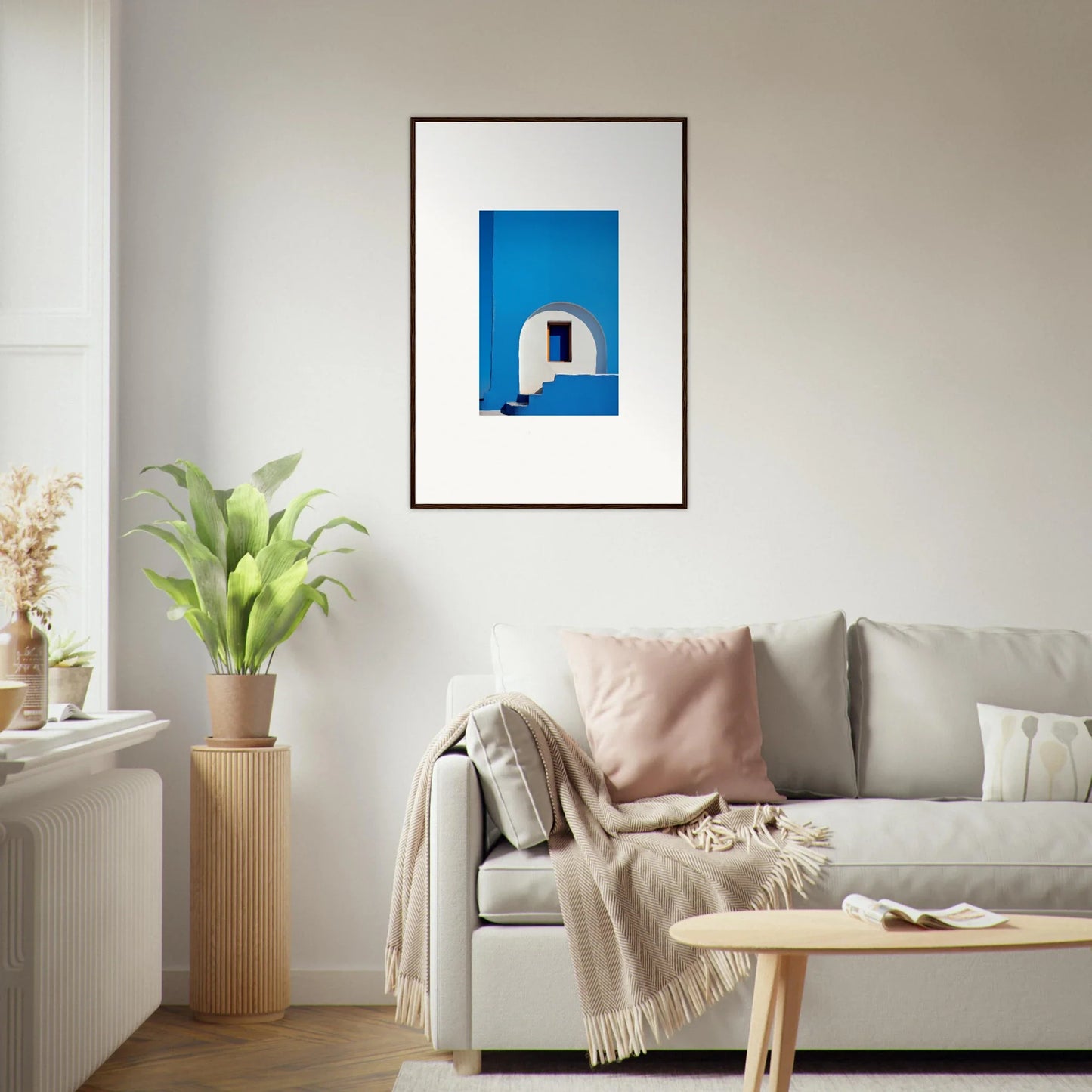 Framed wall art of white architecture on a blue wall, perfect for dreams’ premium framed vibe