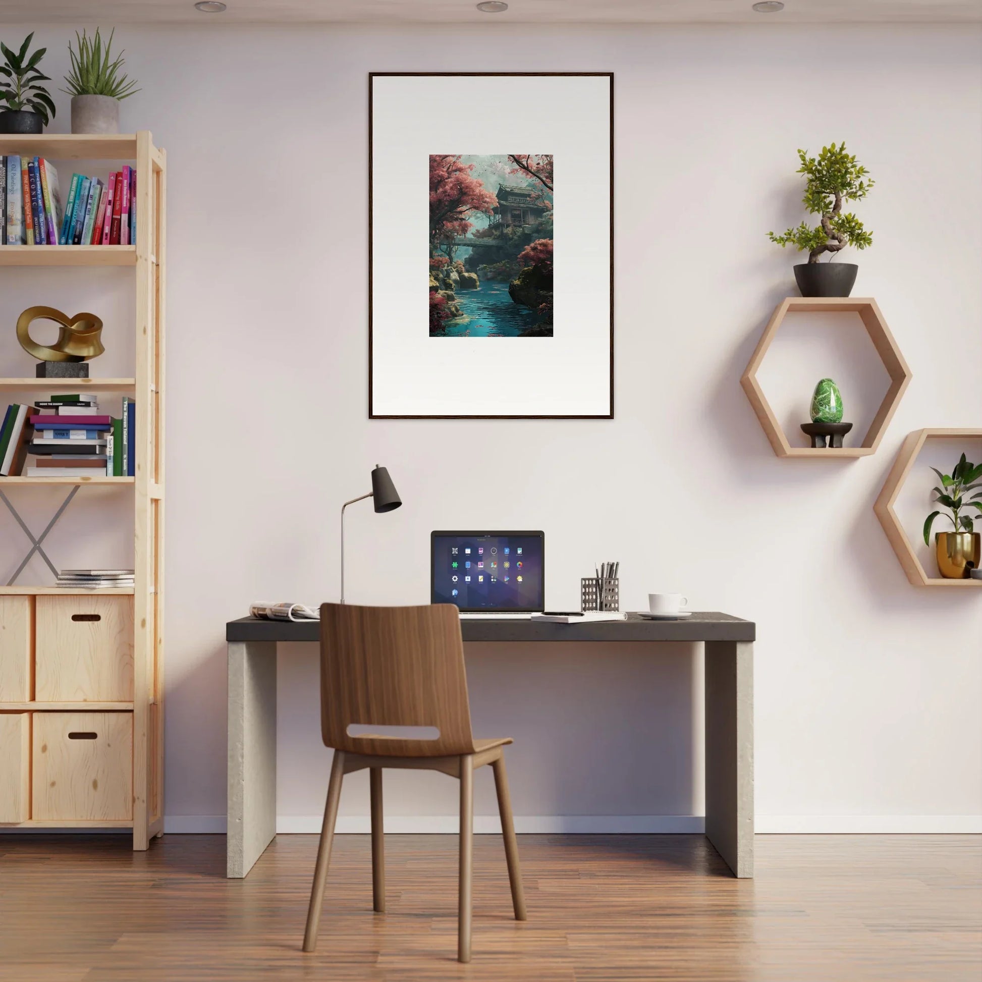 Stylish Zen Dream Symphony workspace with a dark desk and unique hexagonal shelves