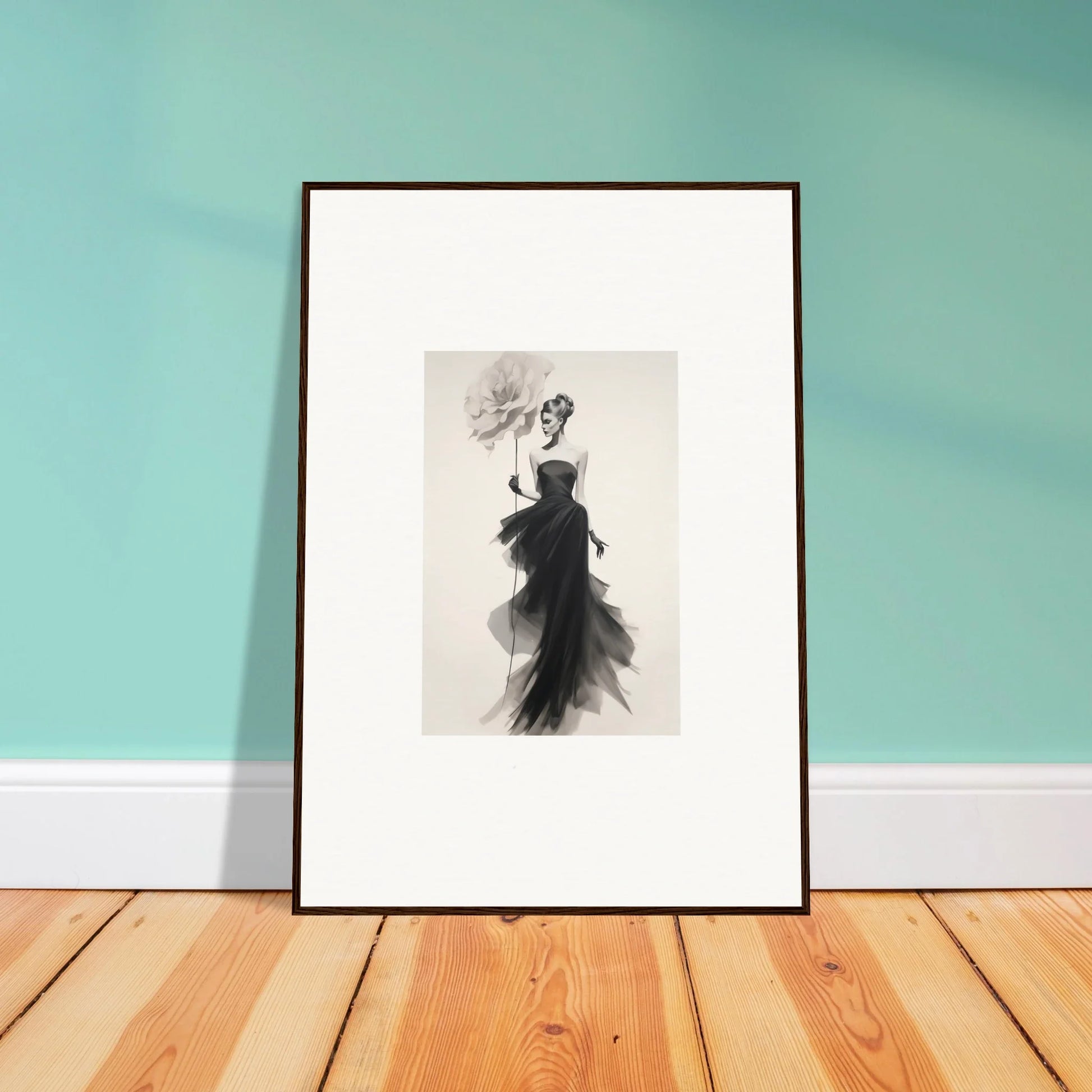 Framed black and white artwork of an ethereal silhouette in Opulent Reverie Lyrisans