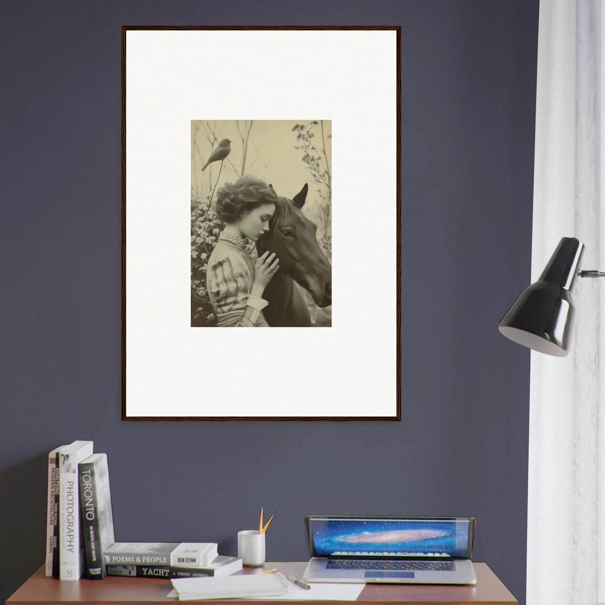 Framed vintage wall art of a woman with a horse for cozy room decoration