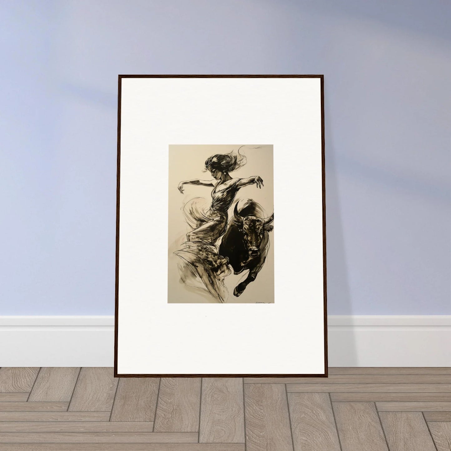 Framed wall art of Resilient Dancer Flame in dynamic black and white brushstrokes