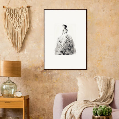 Black and white watercolor framed wall art of a figure in an elegant ballgown, Dreams Bloom Eternal