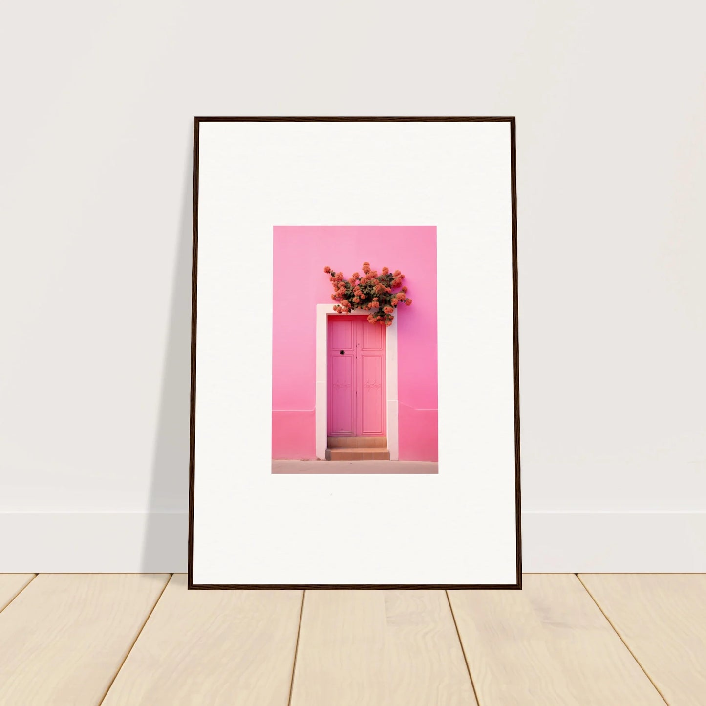 Framed wall art of a pink door with red flowers, perfect for Quantum Pink Serenade