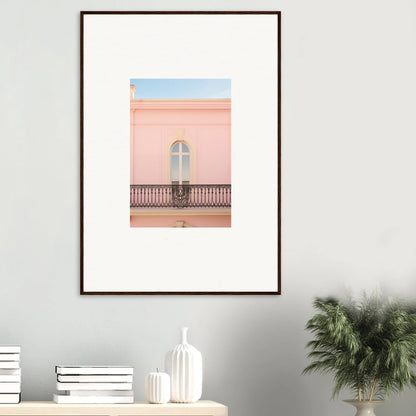 Framed wall art of a pink building with cross window in Peach Tranquil Portal design