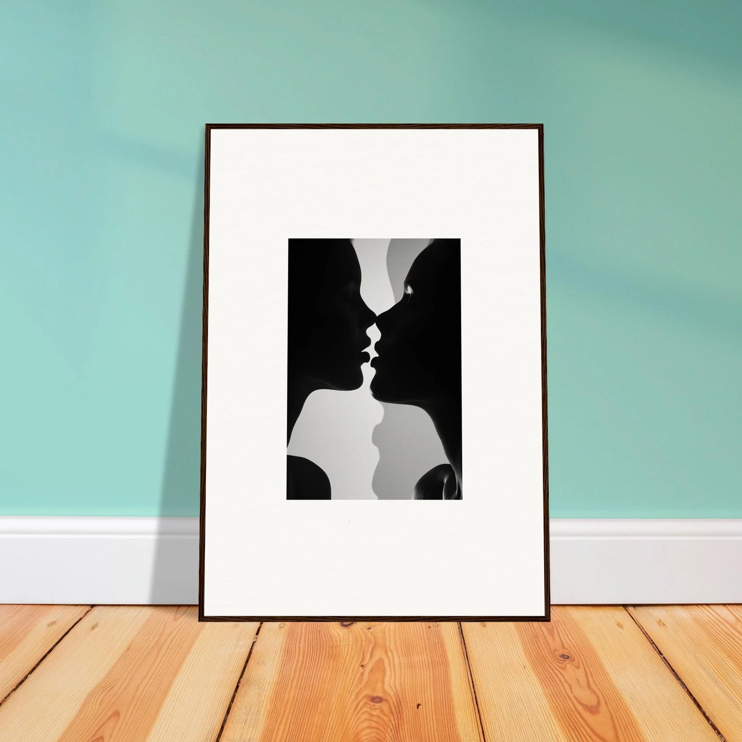 Framed black and white silhouette art of two profiles about to kiss from Nouveau Love Symphony