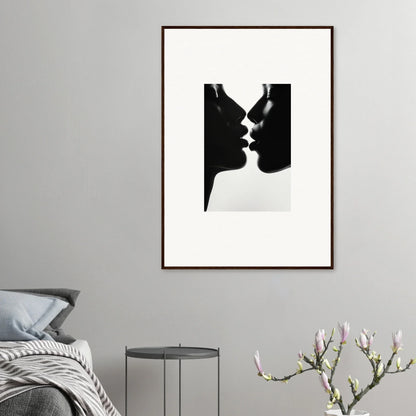 Black and white silhouette of two profiles about to kiss for Luminous Midnight Kiss framed wall art