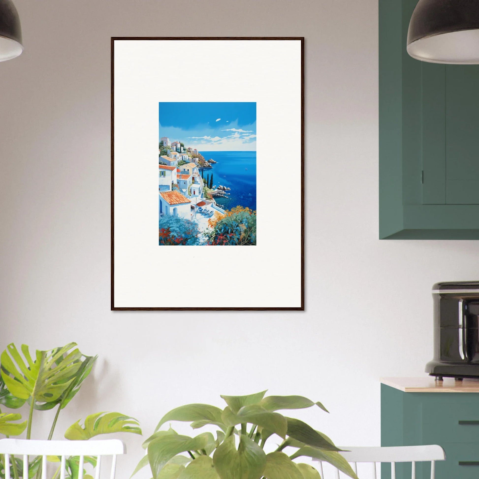 Framed Sunlit Dreamscape Promise artwork of Mediterranean coast with white buildings and blue sea