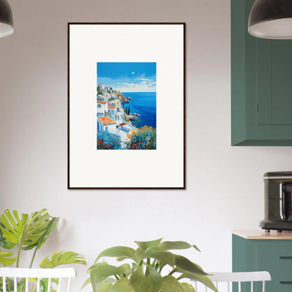 Framed Sunlit Dreamscape Promise artwork of Mediterranean coast with white buildings and blue sea