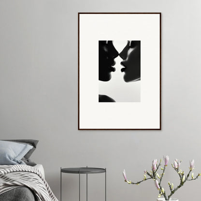 Black and white silhouette of two profiles about to kiss in Ephemeral Echoes Touch framed poster