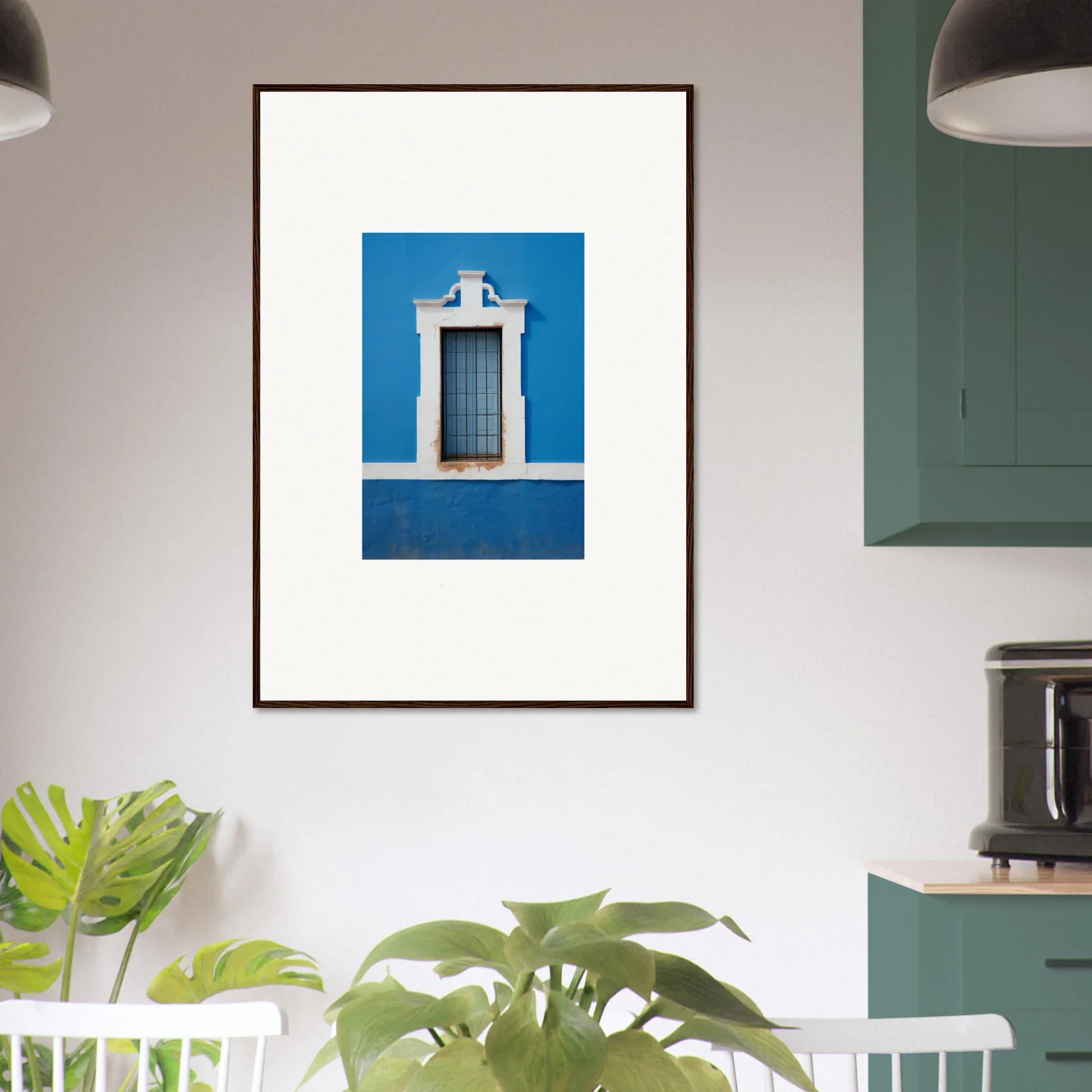 Framed wall art of a white-trimmed window on a bright blue wall in Liquid Azure Quest