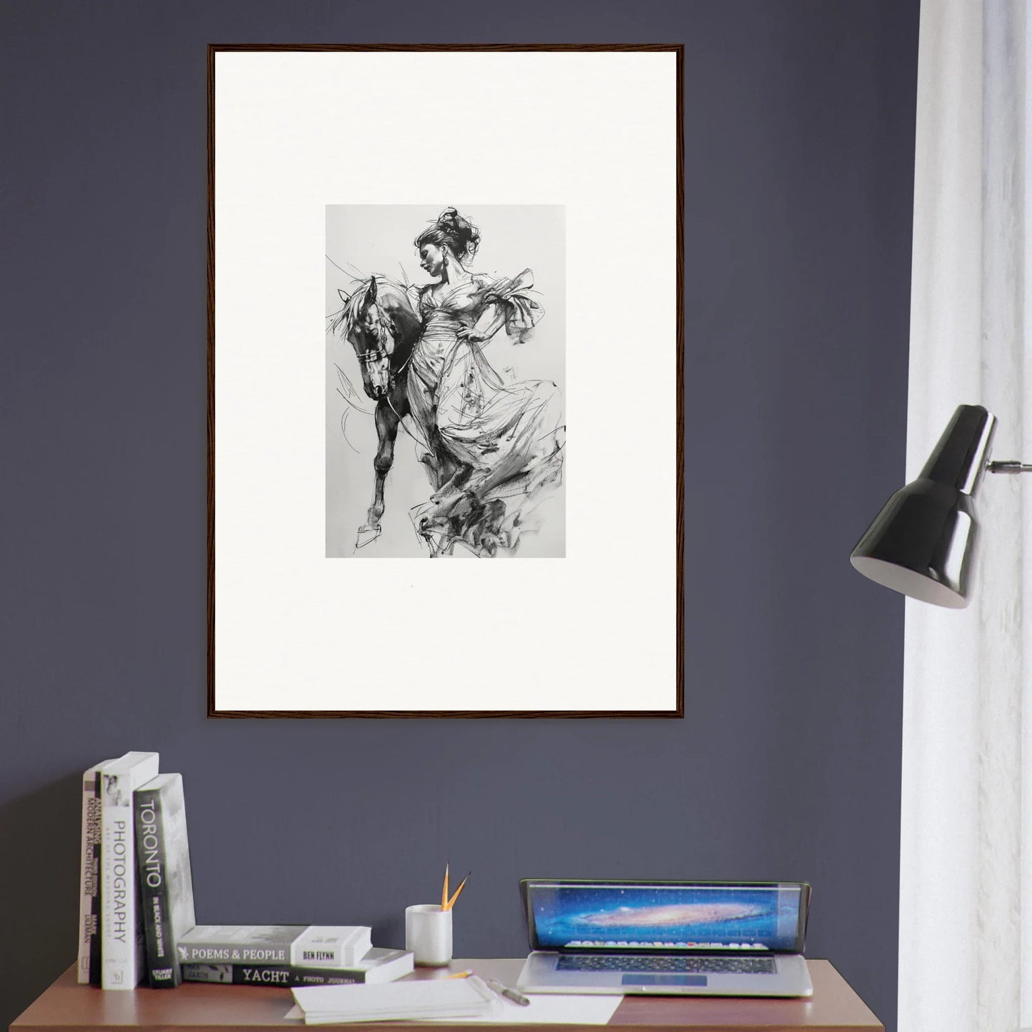 Framed black and white sketch of an ethereal figure in motion for Thoughts Unbridled Dance