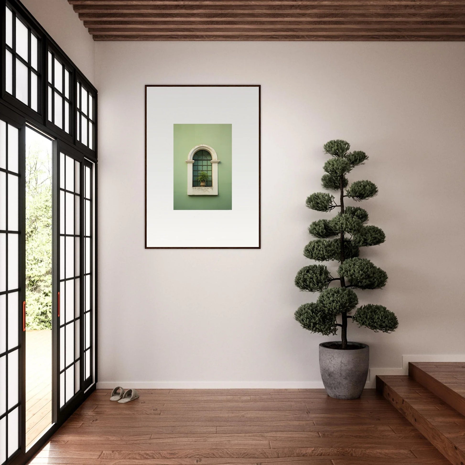 Framed wall art of an arched window on mint green for Eggshell PandæmonIA Bliss