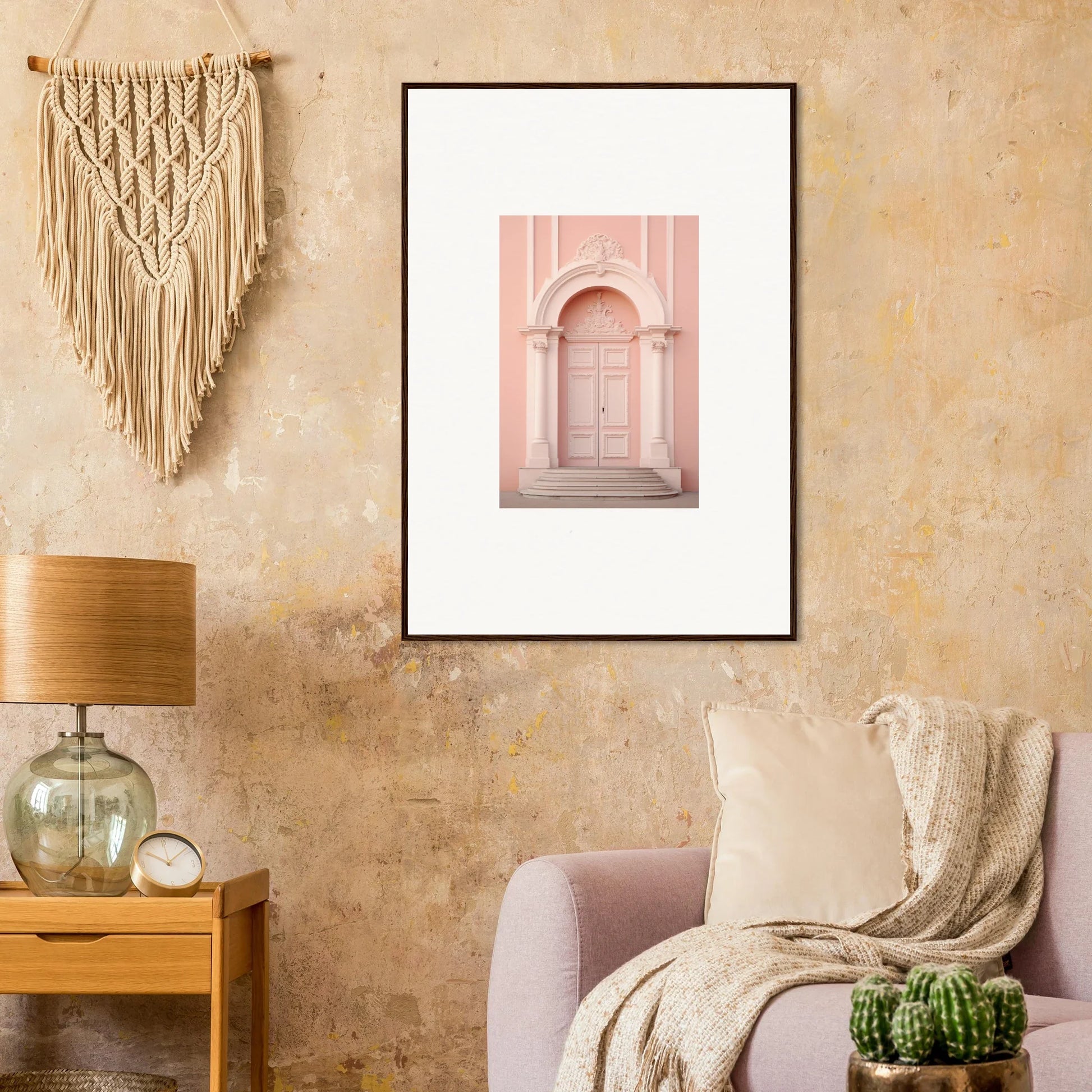 Framed pink architectural photo of arched doorway for Petal Whispers Portal art