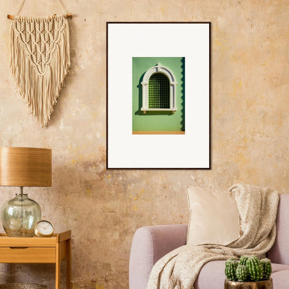 Framed photo of an arched Visible Equilibrium Window with metalwork on a green wall