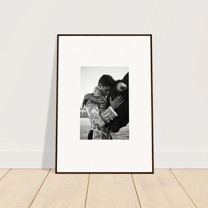 Framed black and white photo of a person embracing a horse in Triumphant Shadows Embrace