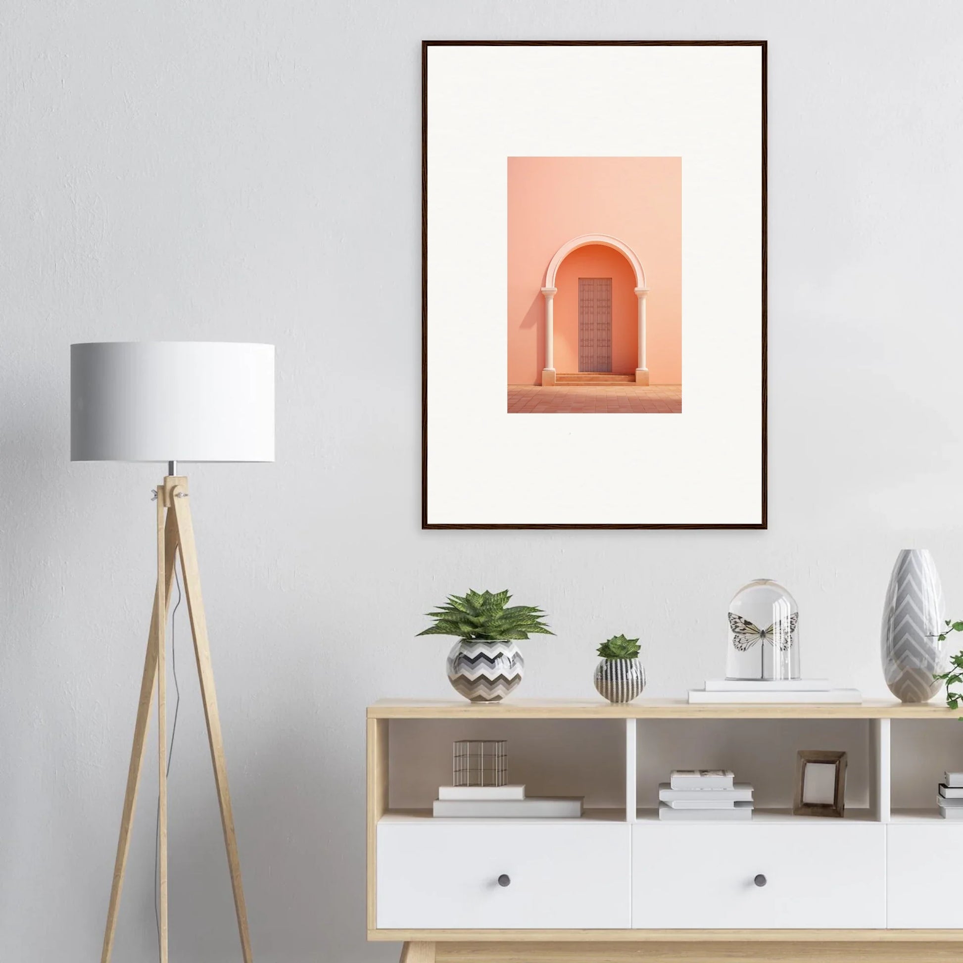 Framed peach-colored architectural photo of an arched doorway for Psychedelic Arches Discussionale