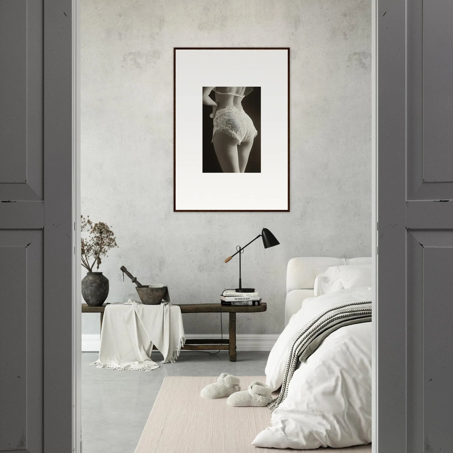 Framed black and white nude female torso wall art for chic room decoration