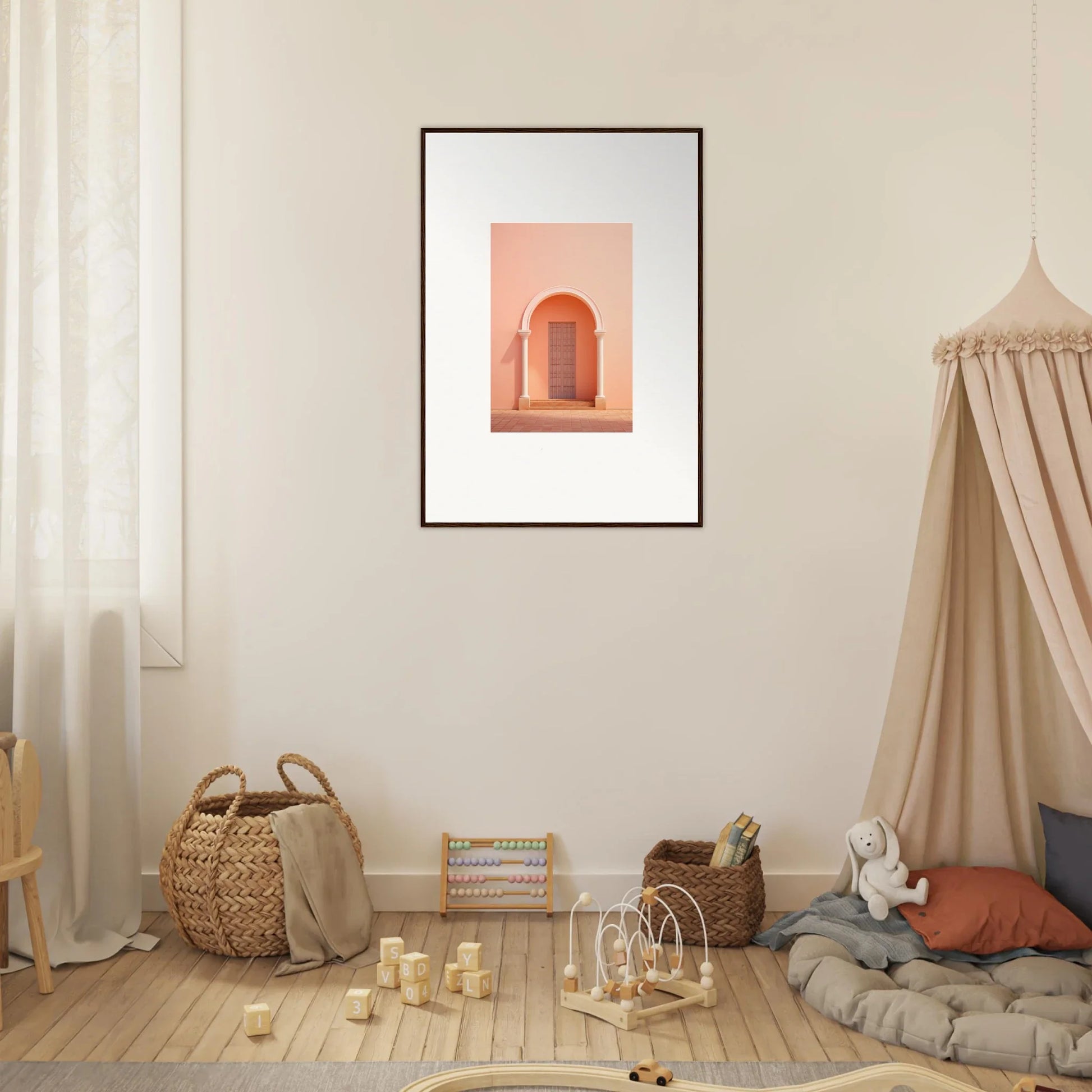 Framed art print of a minimalist archway in coral tones from Psychedelic Arches Discussionale