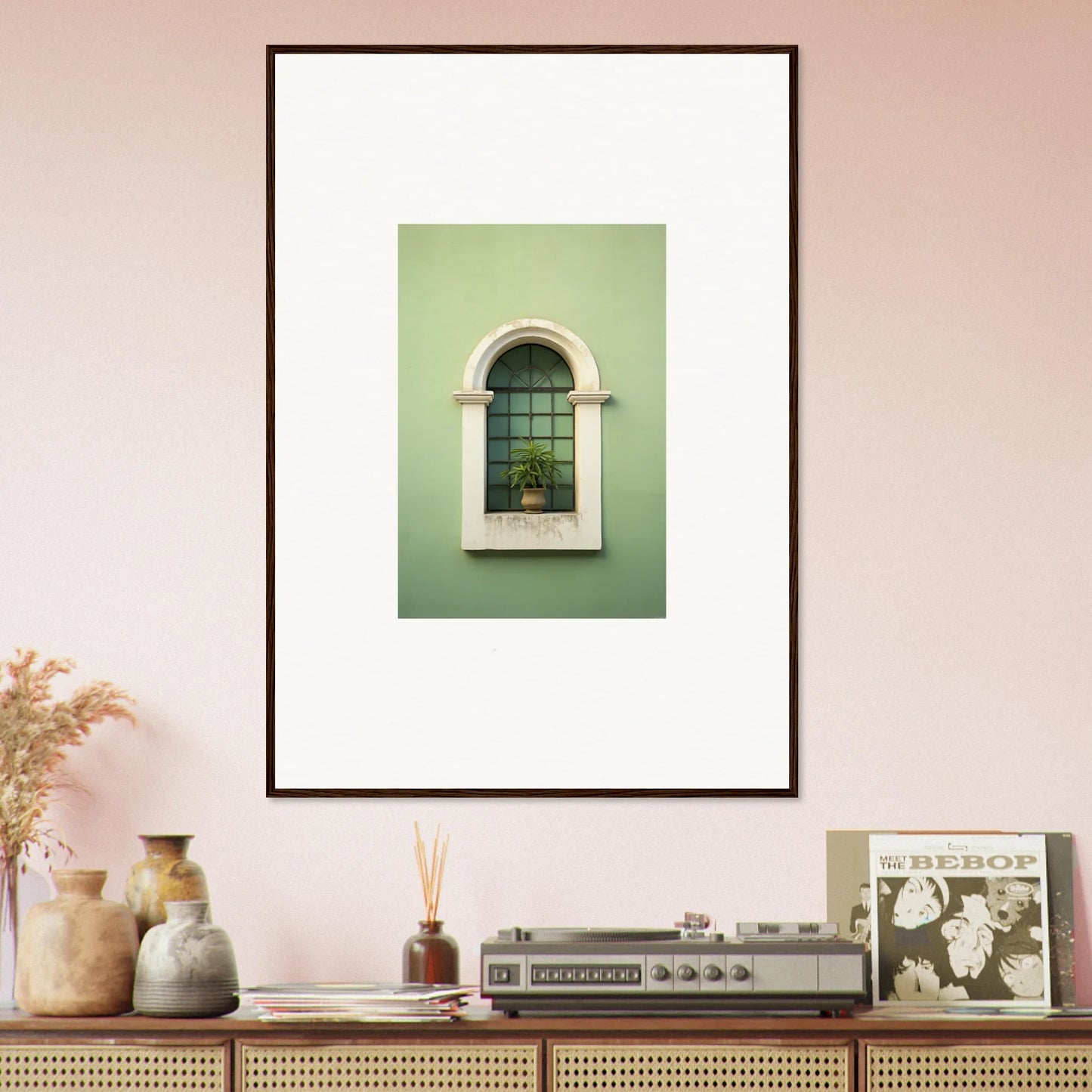 Framed wall art of an arched window on mint green from the Eggshel PandæmonIA Bliss collection