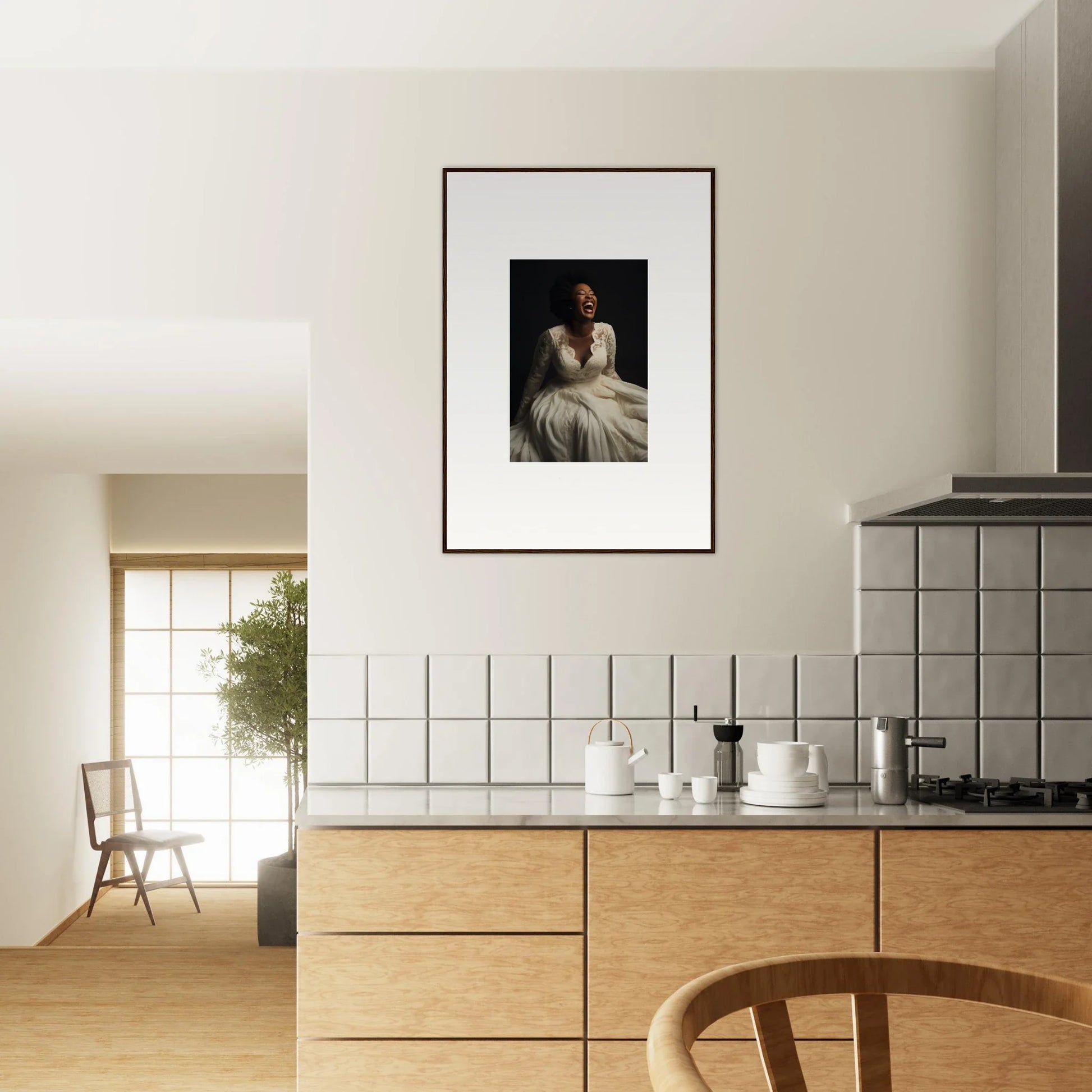 Framed black and white portrait on a white wall from Luminescent Joy Echoes special edition art™