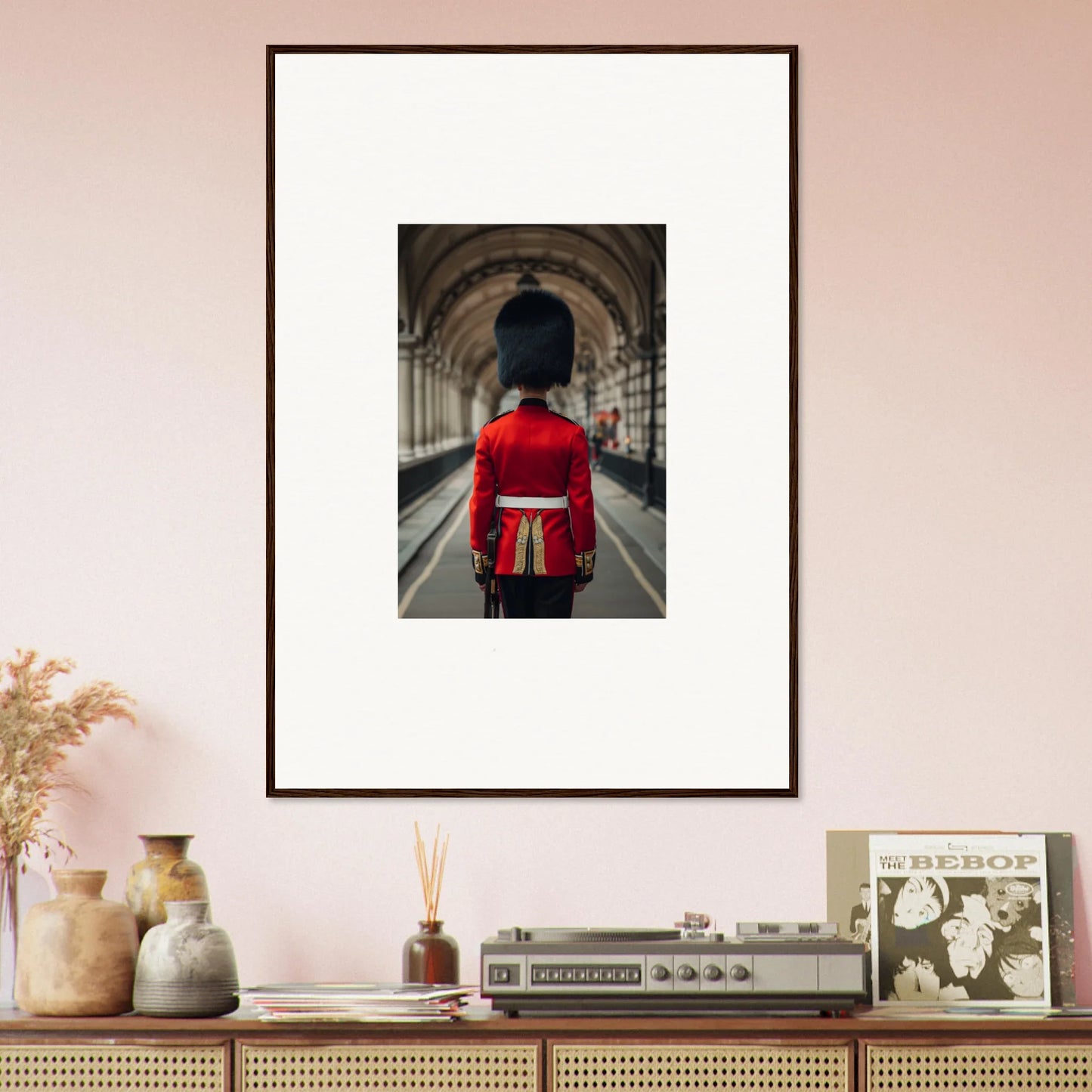 Framed wall art of a Queen’s Guard in red uniform for Scarlet Temporal Century