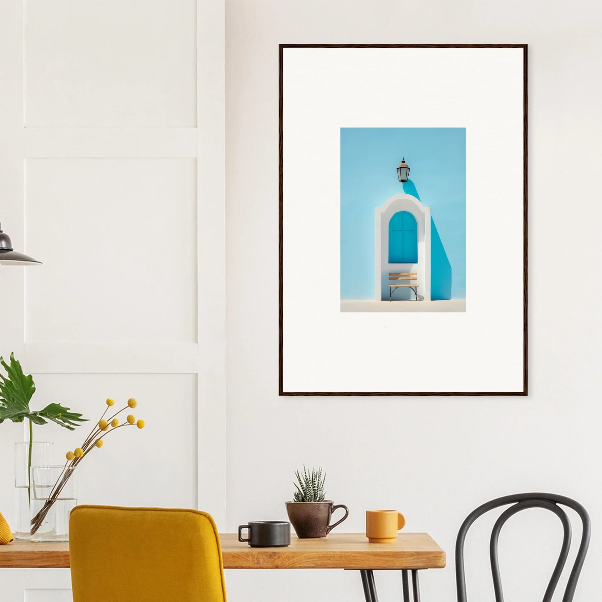 Framed wall art of an ethereal Mediterranean Pause archway with lantern and blue sky