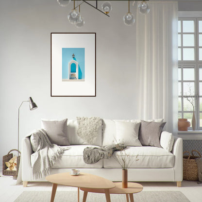 White sofa with gray and cream pillows for an Ethereal Mediterranean Pause vibe