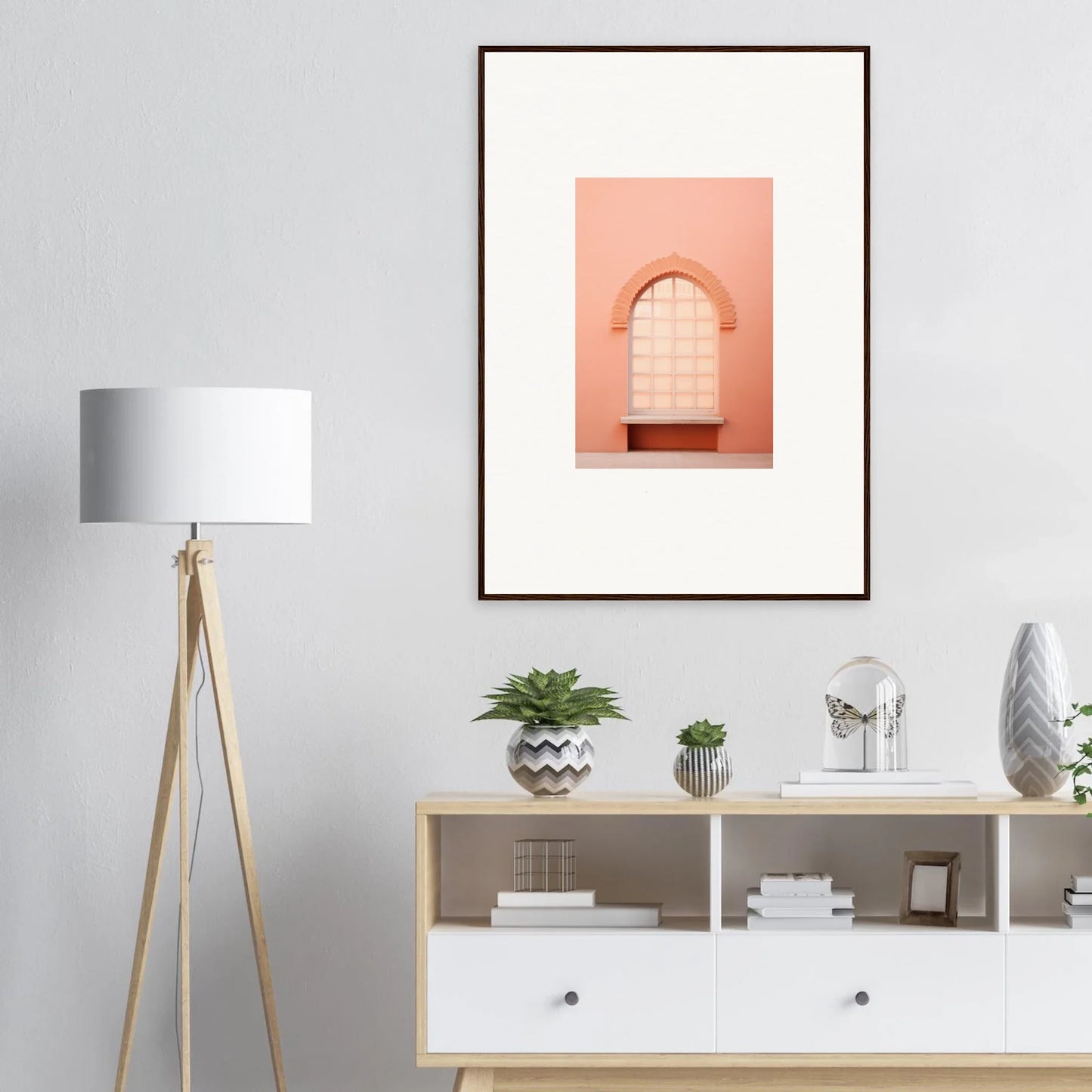 Framed coral-colored architectural print of an arched window from Windows Morning Whisper