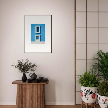 Framed wall art of two white windows on a blue wall from Isles Encompassed Vista