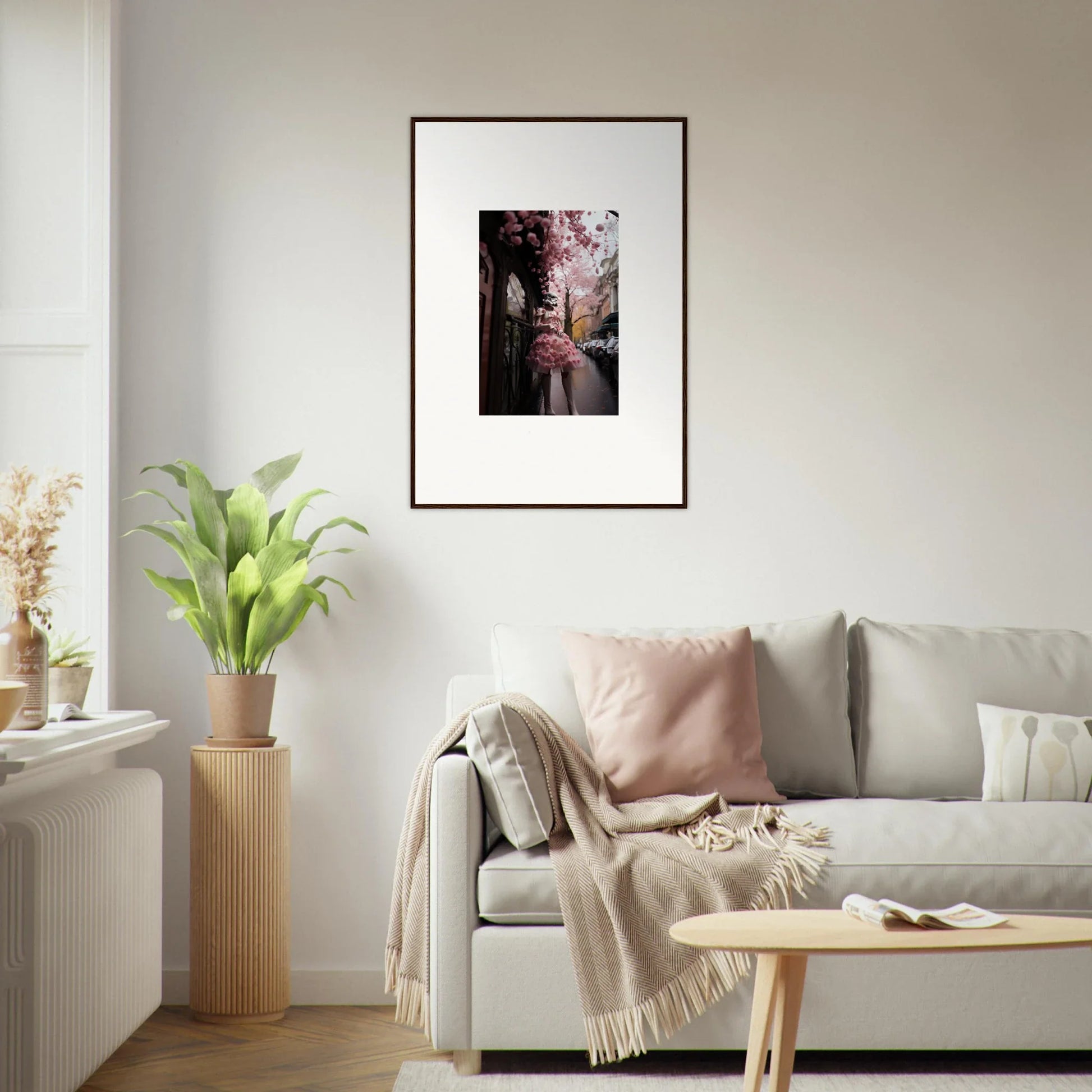 Framed wall art of a rainy street with pink cherry blossoms in Petal Eccentricity Revealed