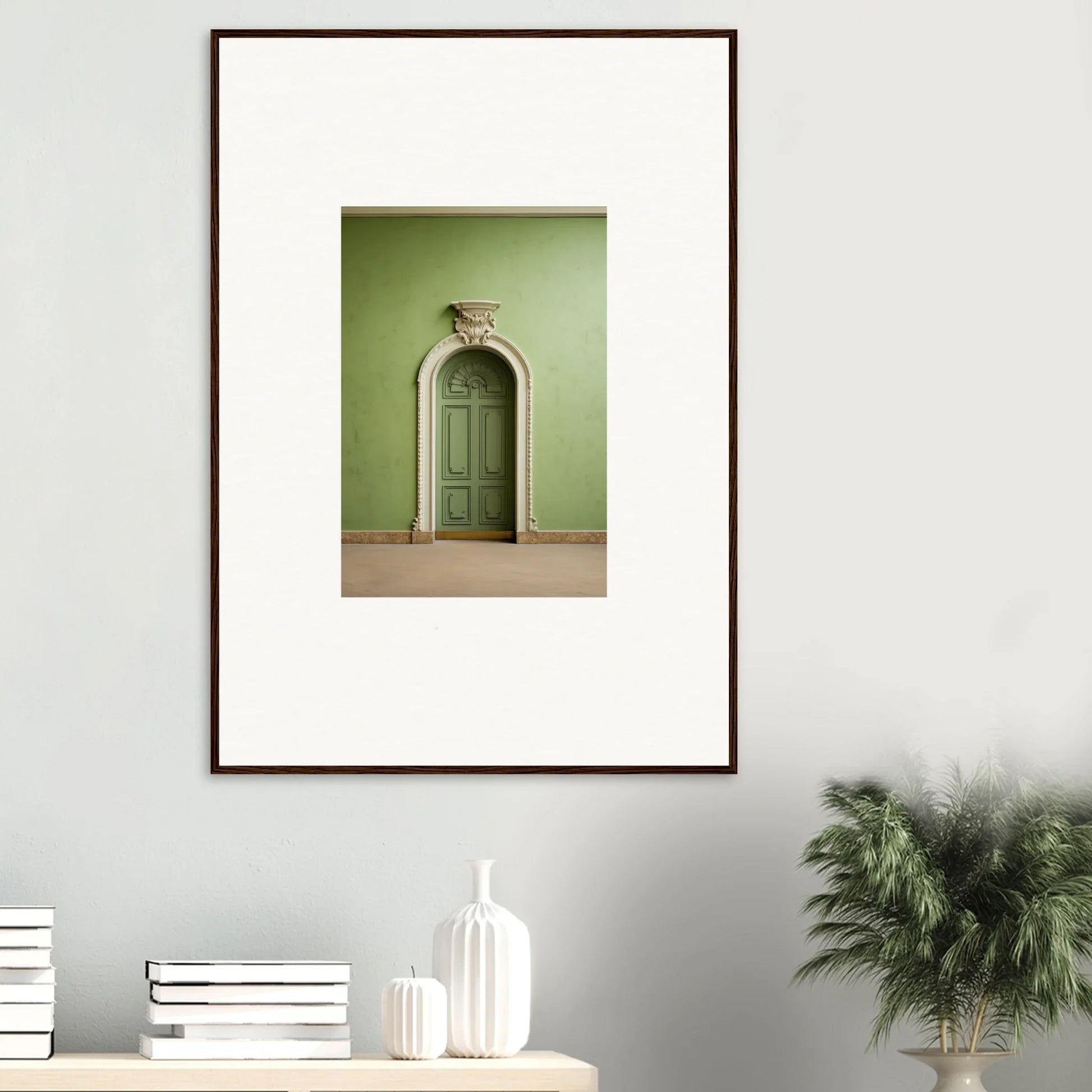 Framed wall art of a mint green arched doorway from Verdant Illusion Sphere collection